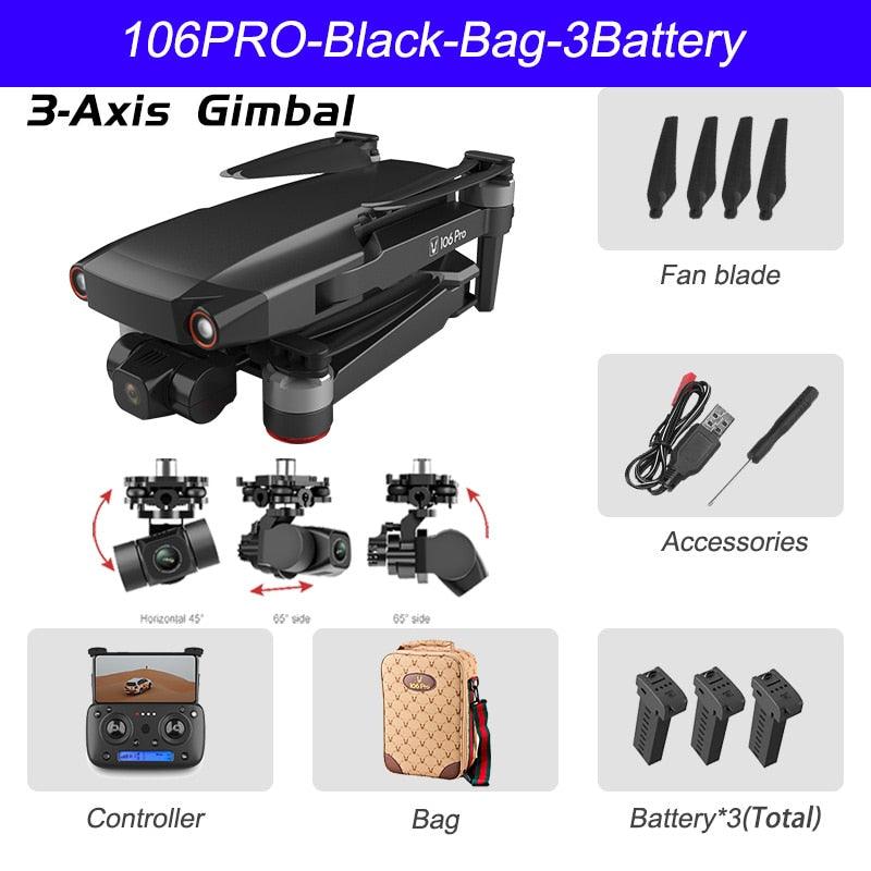 106 Pro GPS Drone - 4K HD Dual Camera Three-Axis Anti-Shake Gimbal 5G WIFI FPV Brushless Motor Foldable Quadcopter Gift Toy Professional Camera Drone
