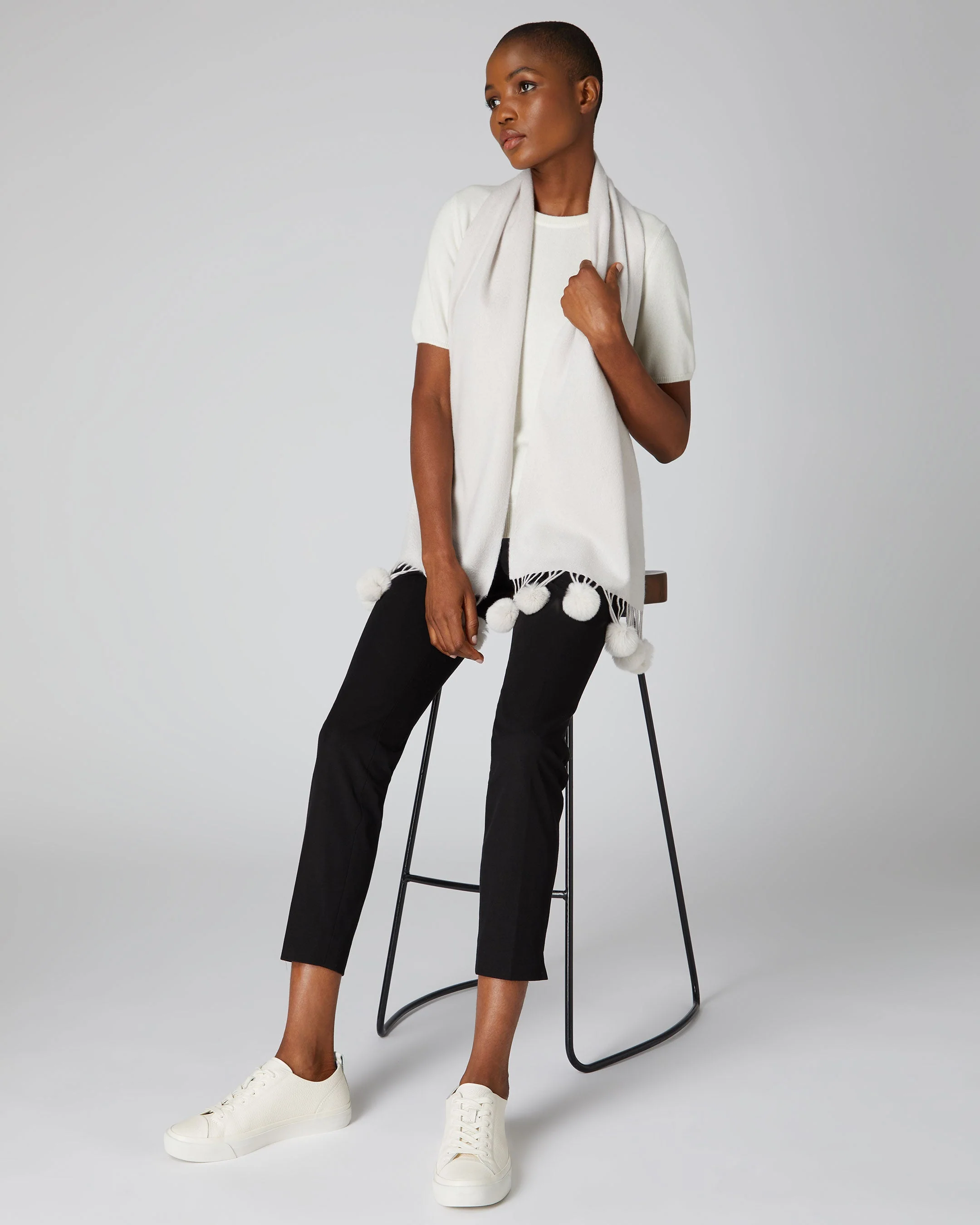 Women's Davos Fur Bobble Cashmere Scarf Snow Grey