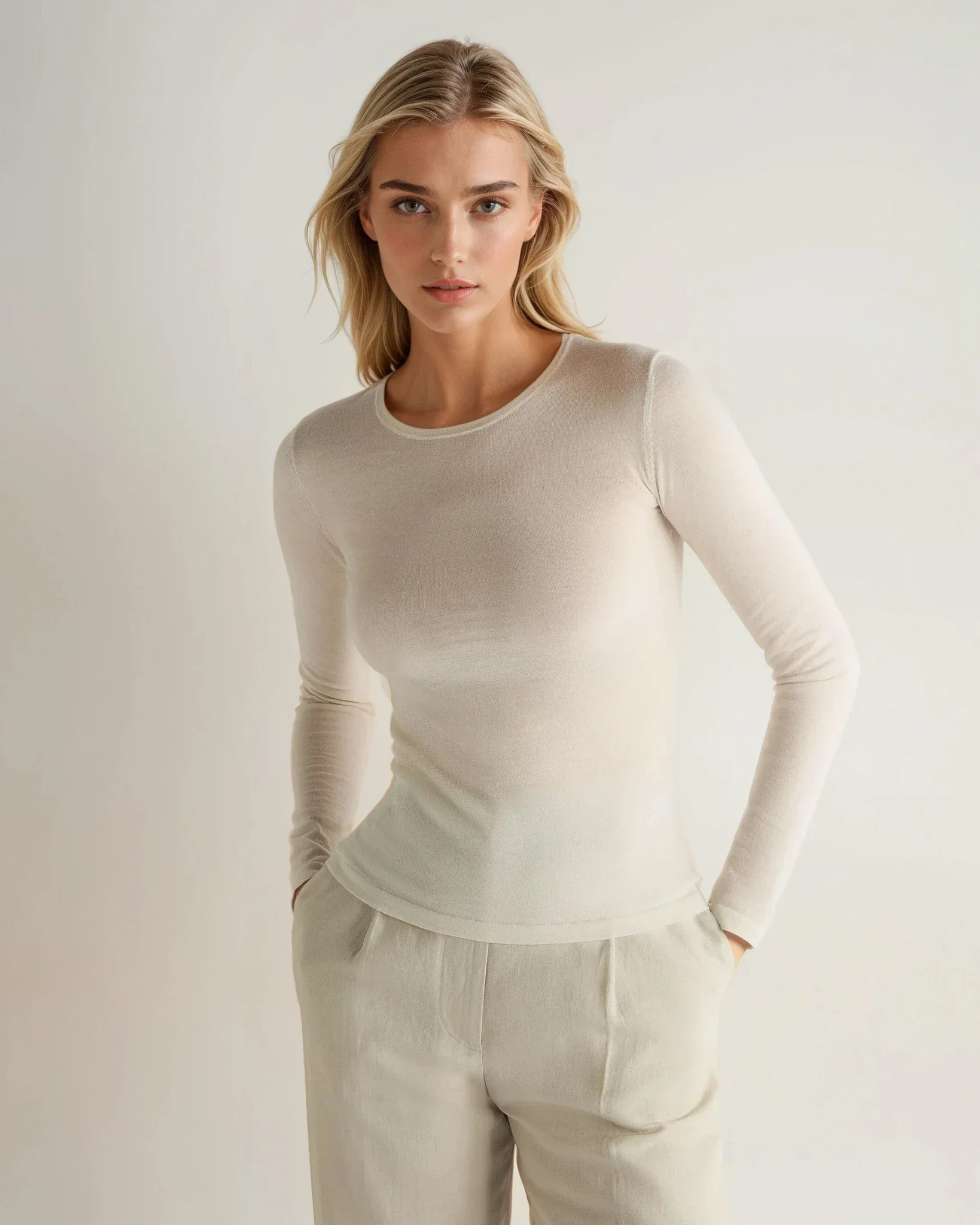 Women's Eden Superfine Cashmere Round Neck Top New Ivory White