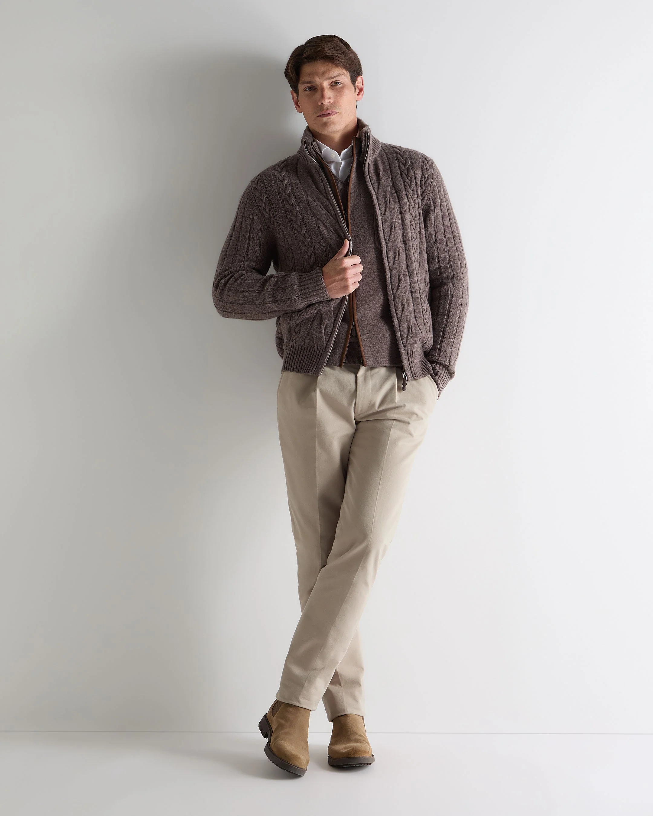 Men's Colorado Cable Fur Trim Cashmere Jacket Otter Brown