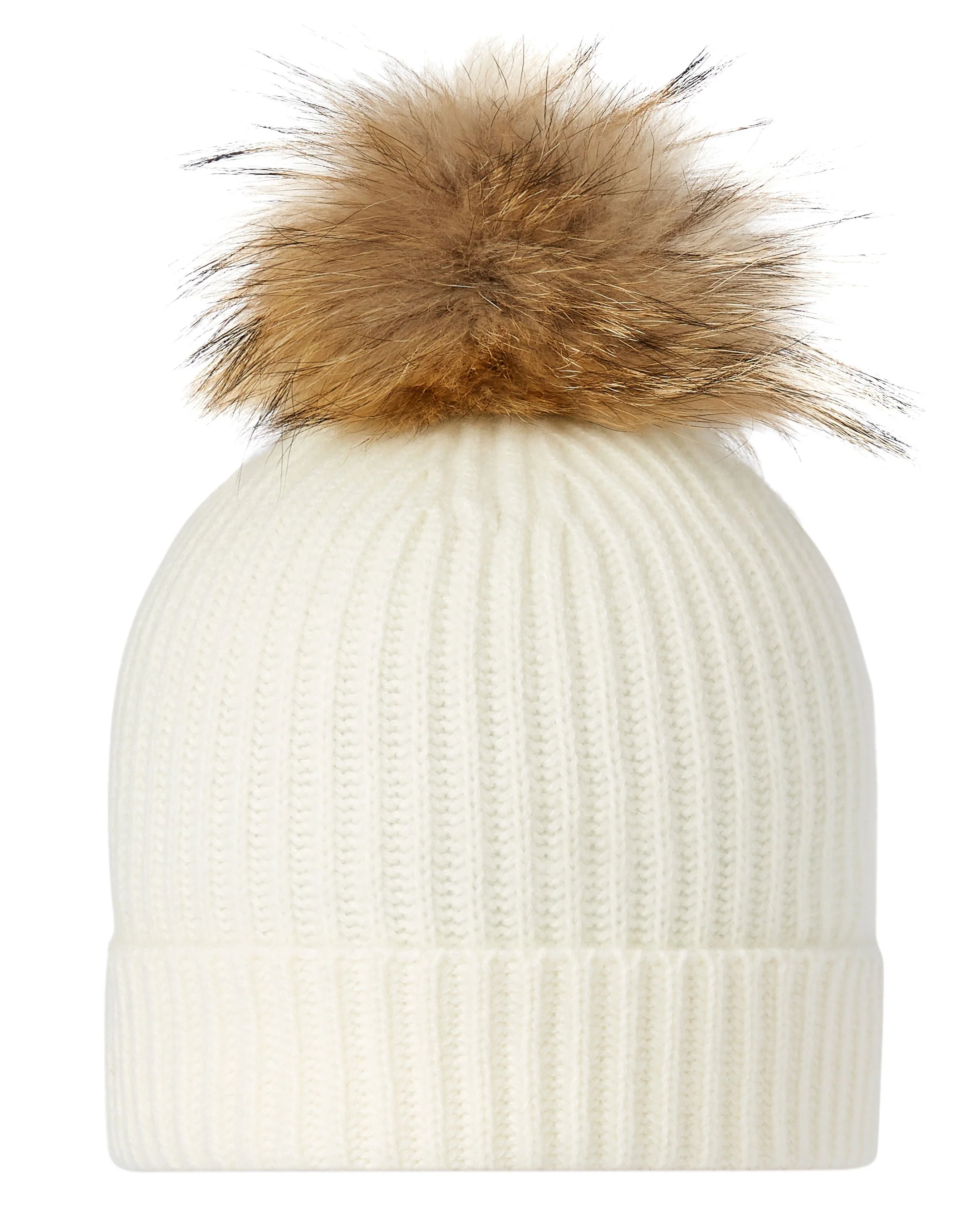 Unisex Ribbed Cashmere Hat With Detachable Pom New Ivory White