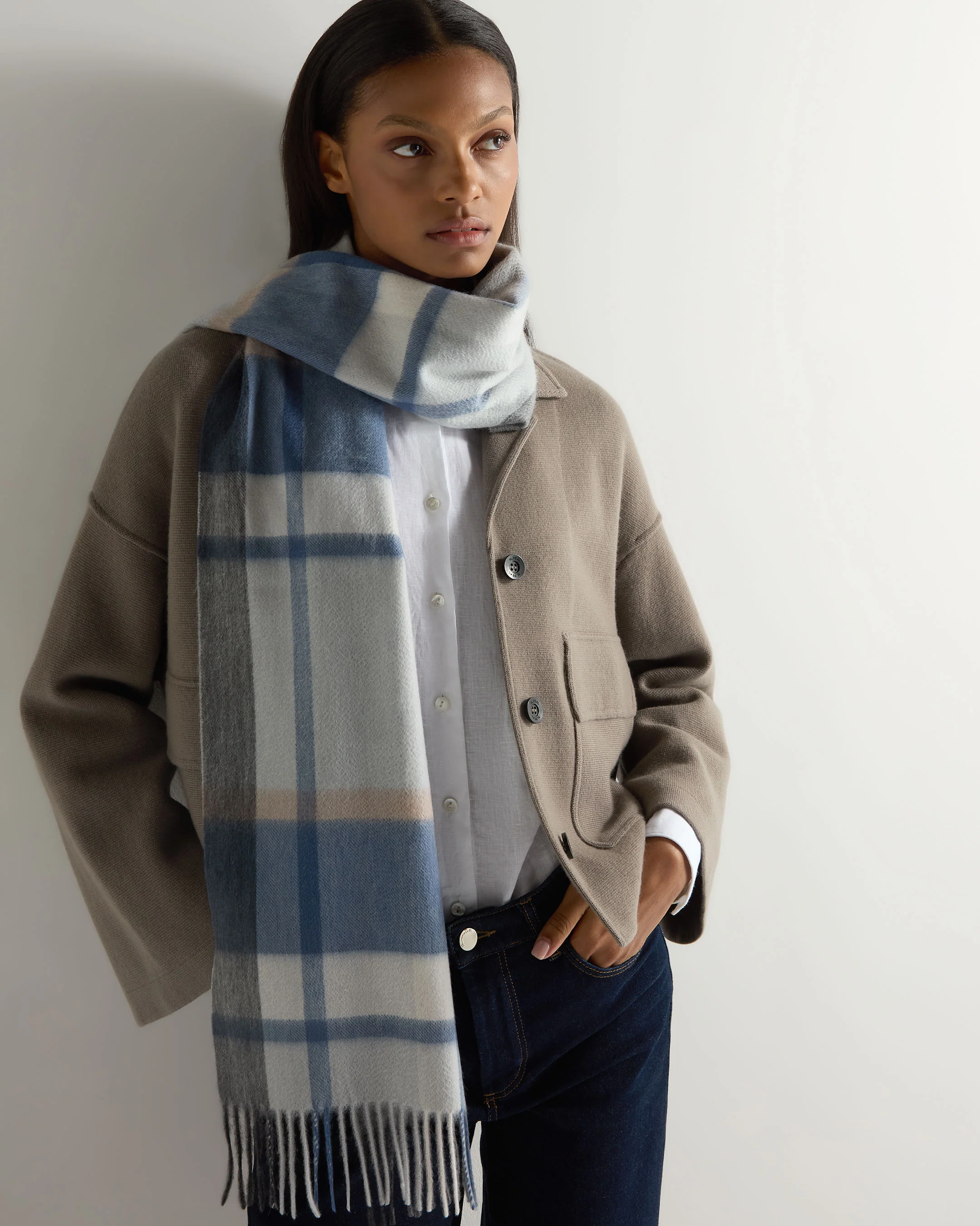 Unisex Cashmere Check Scarf Blue Grey Check