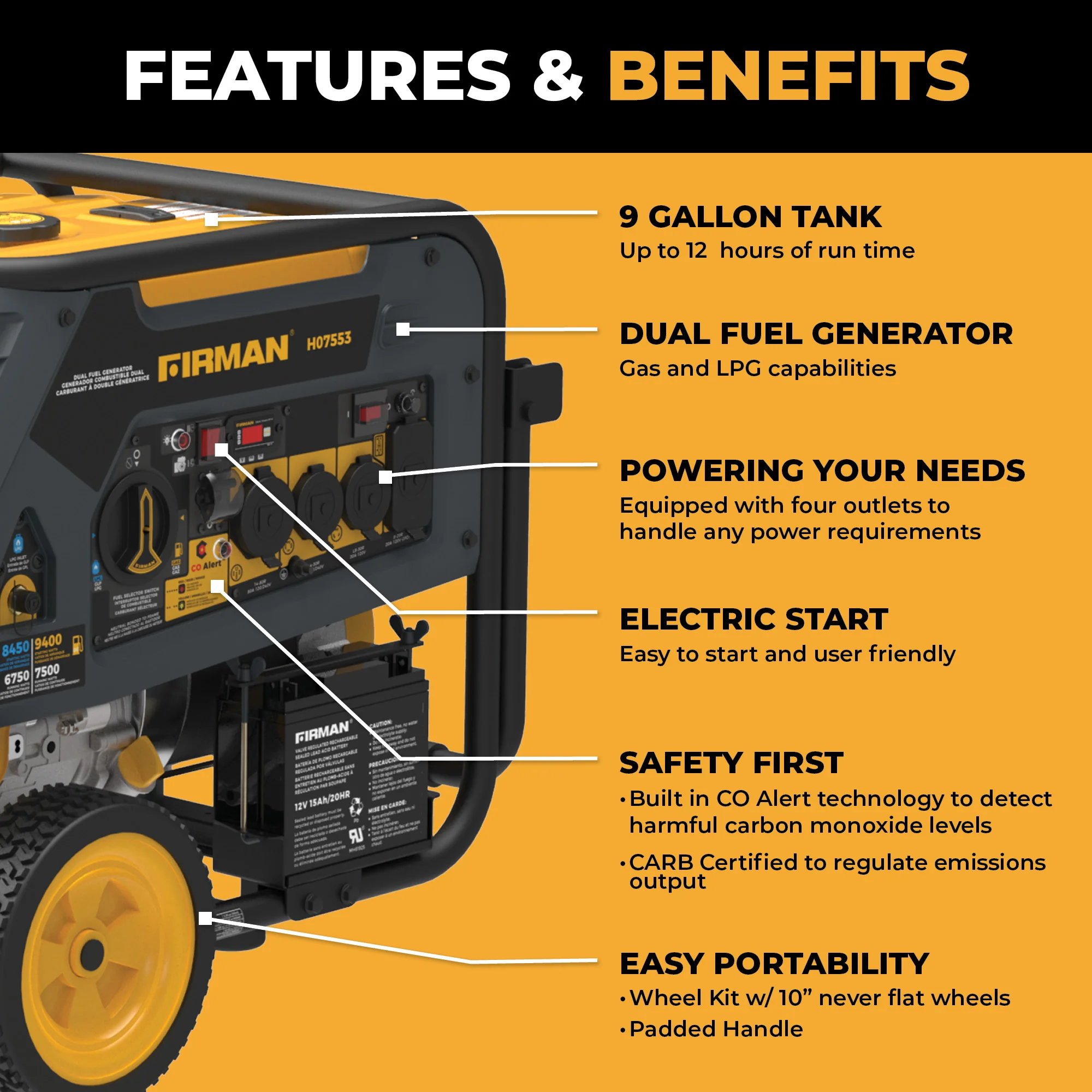 Dual Fuel Portable Generator 9400W Electric Start 120/240V with CO Alert