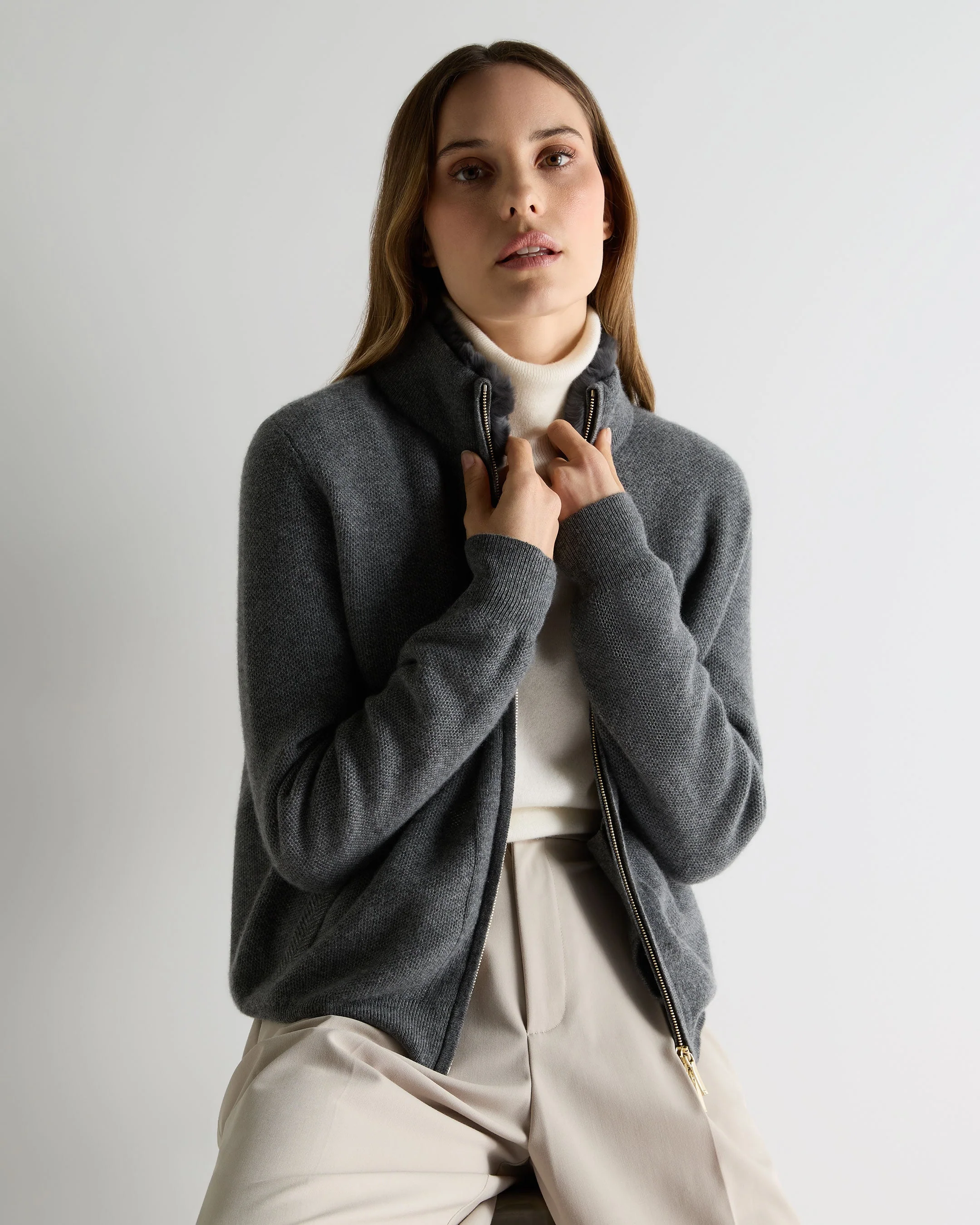 Women's Honeycomb Full Zip Cashmere Jumper With Fur Trim Elephant Grey