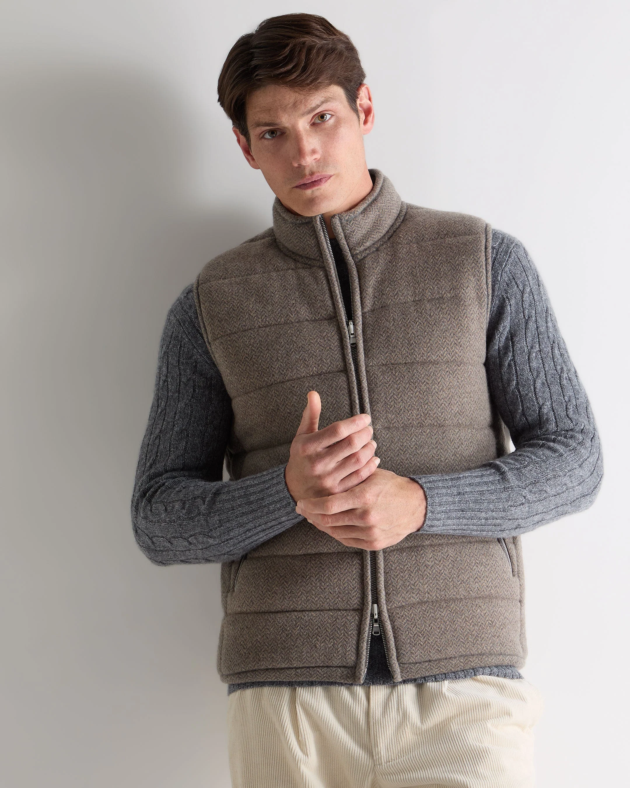 Men's Mall Herringbone Cashmere Gilet Smoky Herringbone Grey