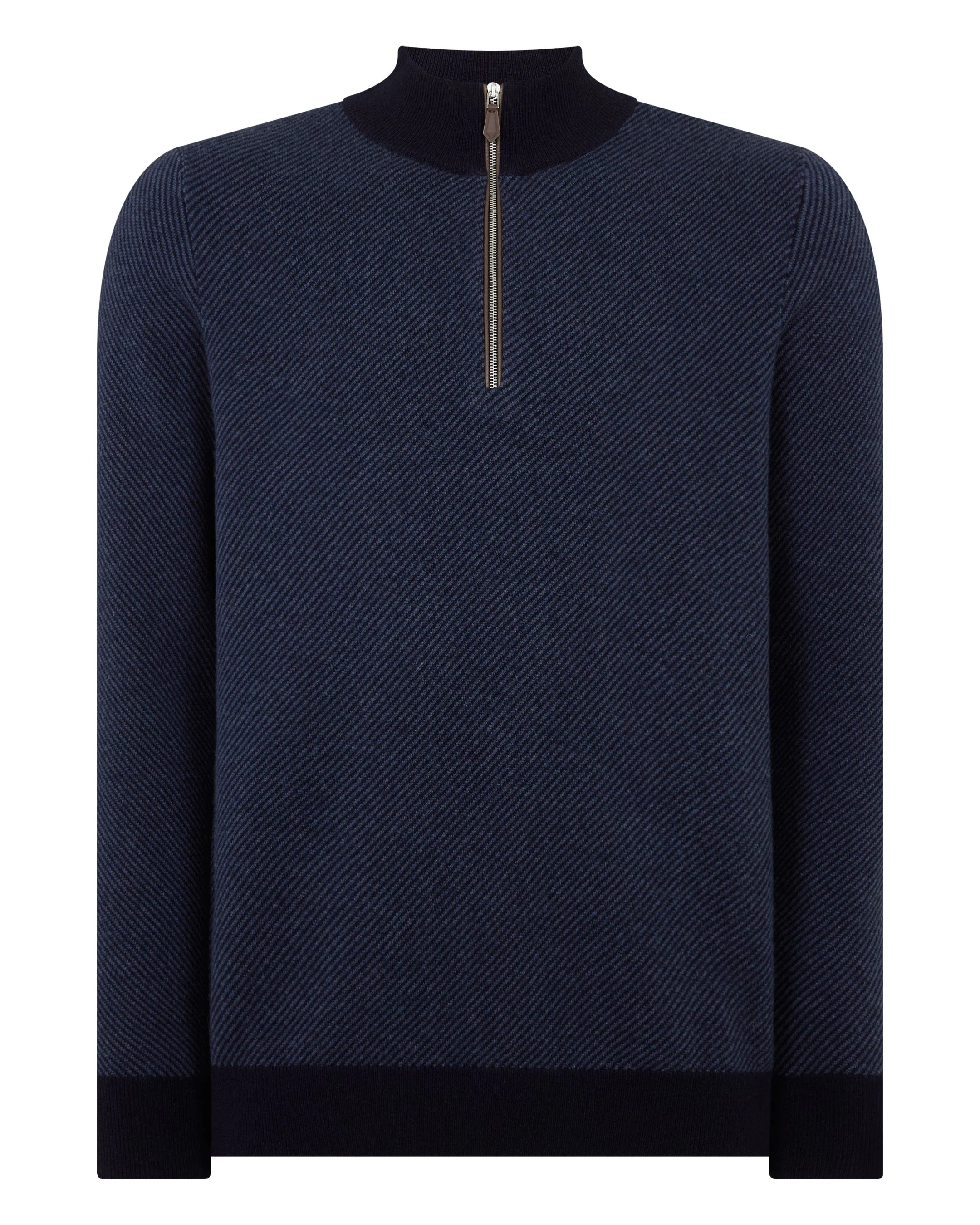 Men's Temple Jacquard Half Zip Cashmere Jumper Blue Herringbone