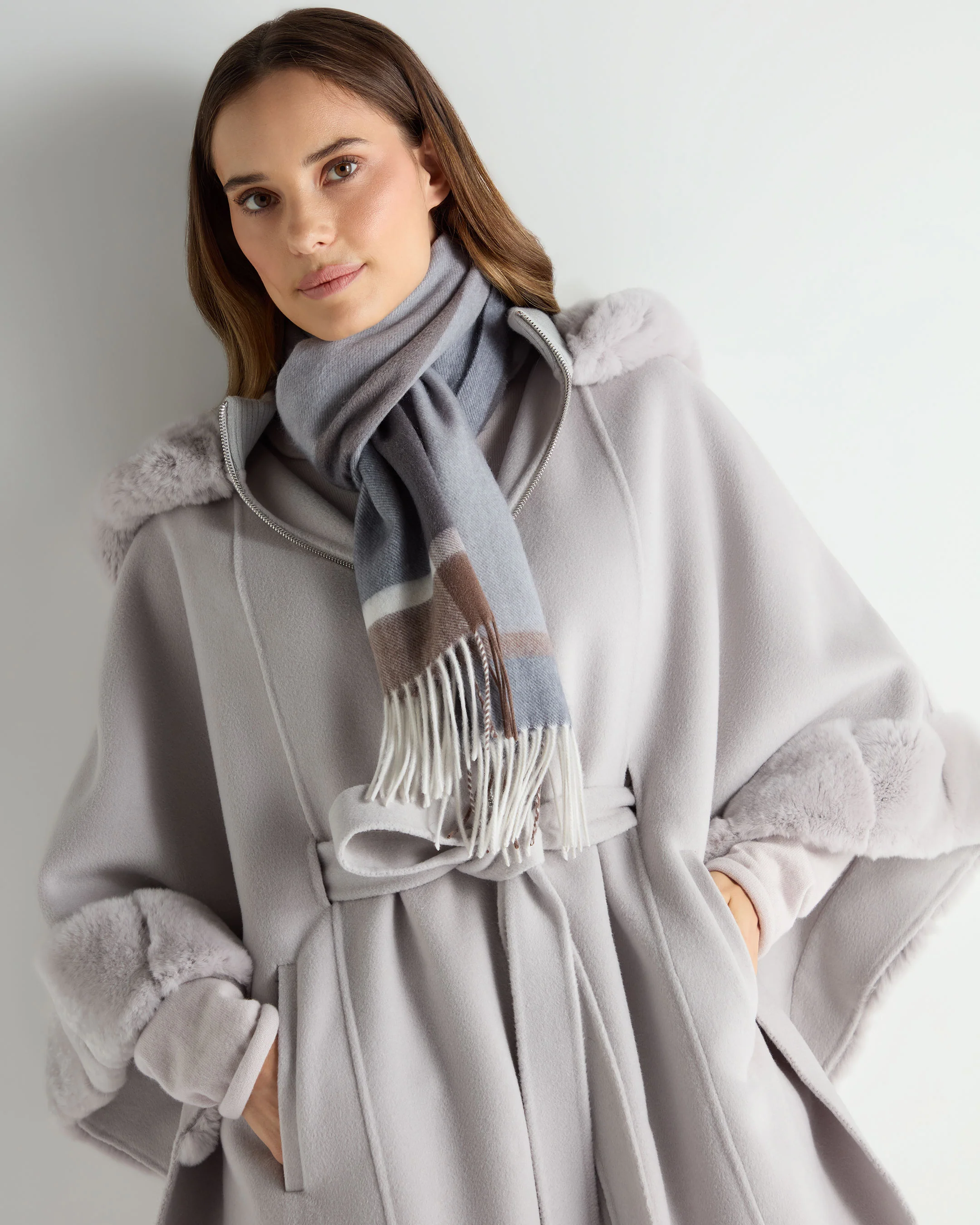 Unisex Cashmere Check Scarf Grey + Brown