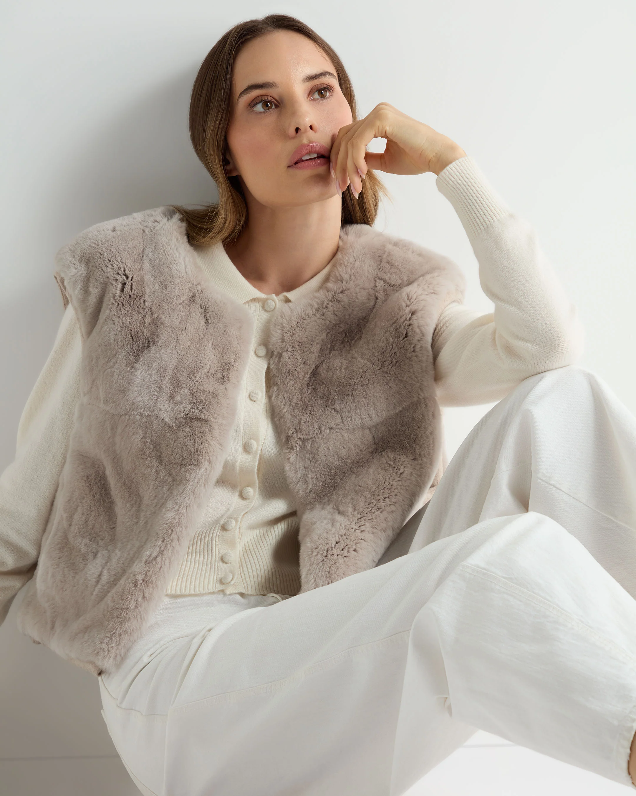 Women's Rex Fur Hooded Gilet Beige Brown