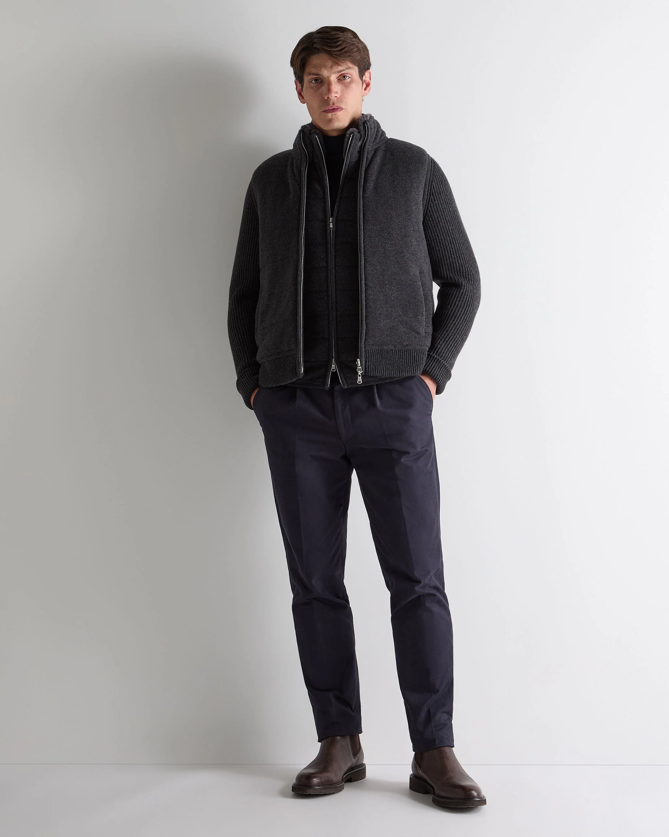 Men's Padded Fur Trim Cashmere Gilet Deep Charcoal Grey