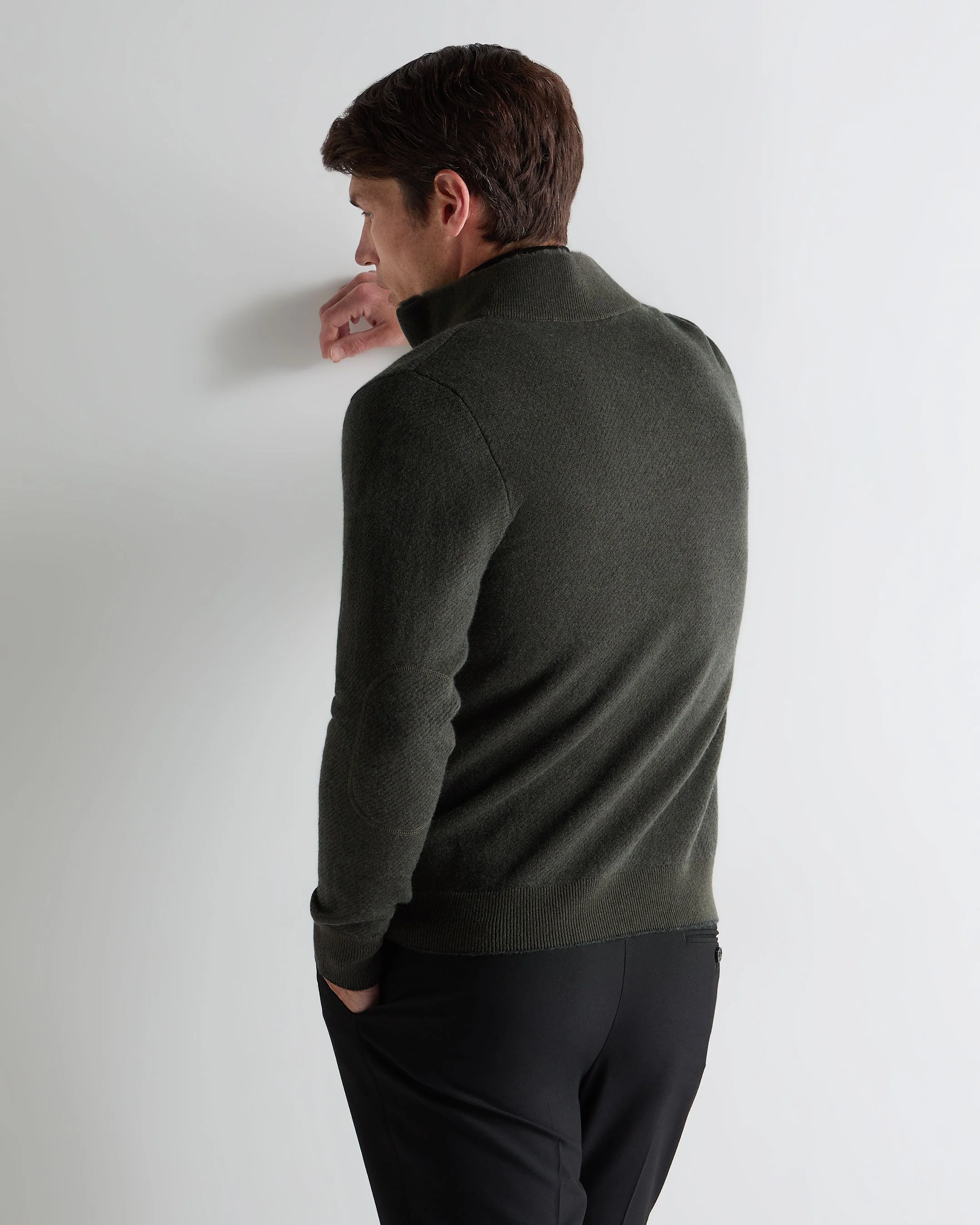 Men's Fur Trim Half Zip Cashmere Jumper Arabica Khaki Green