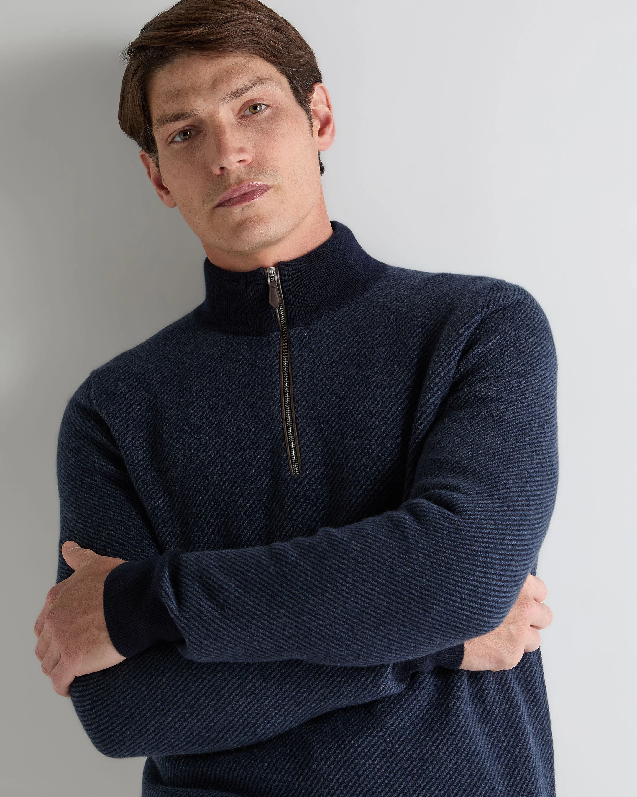 Men's Temple Jacquard Half Zip Cashmere Jumper Blue Herringbone