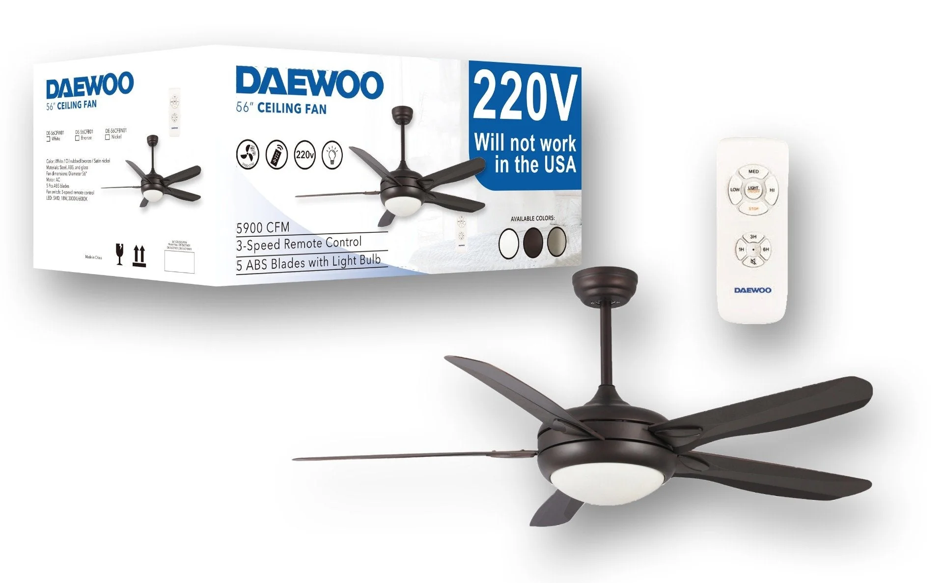 Daewoo 220 volt ceiling fan DARK BRONZE with LED light remote 5 blades 220v 240 volts 50 hz  DE56CDNB01