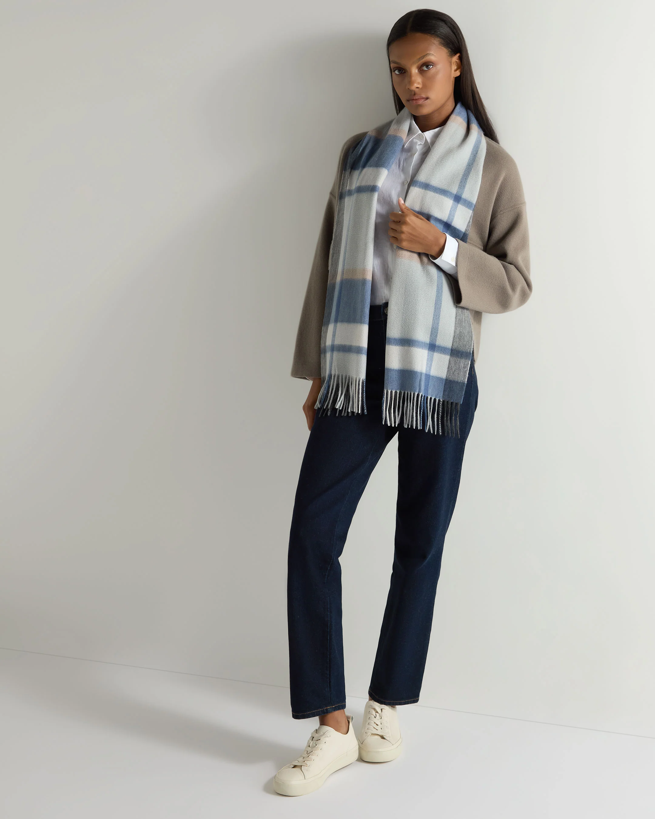 Unisex Cashmere Check Scarf Blue Grey Check