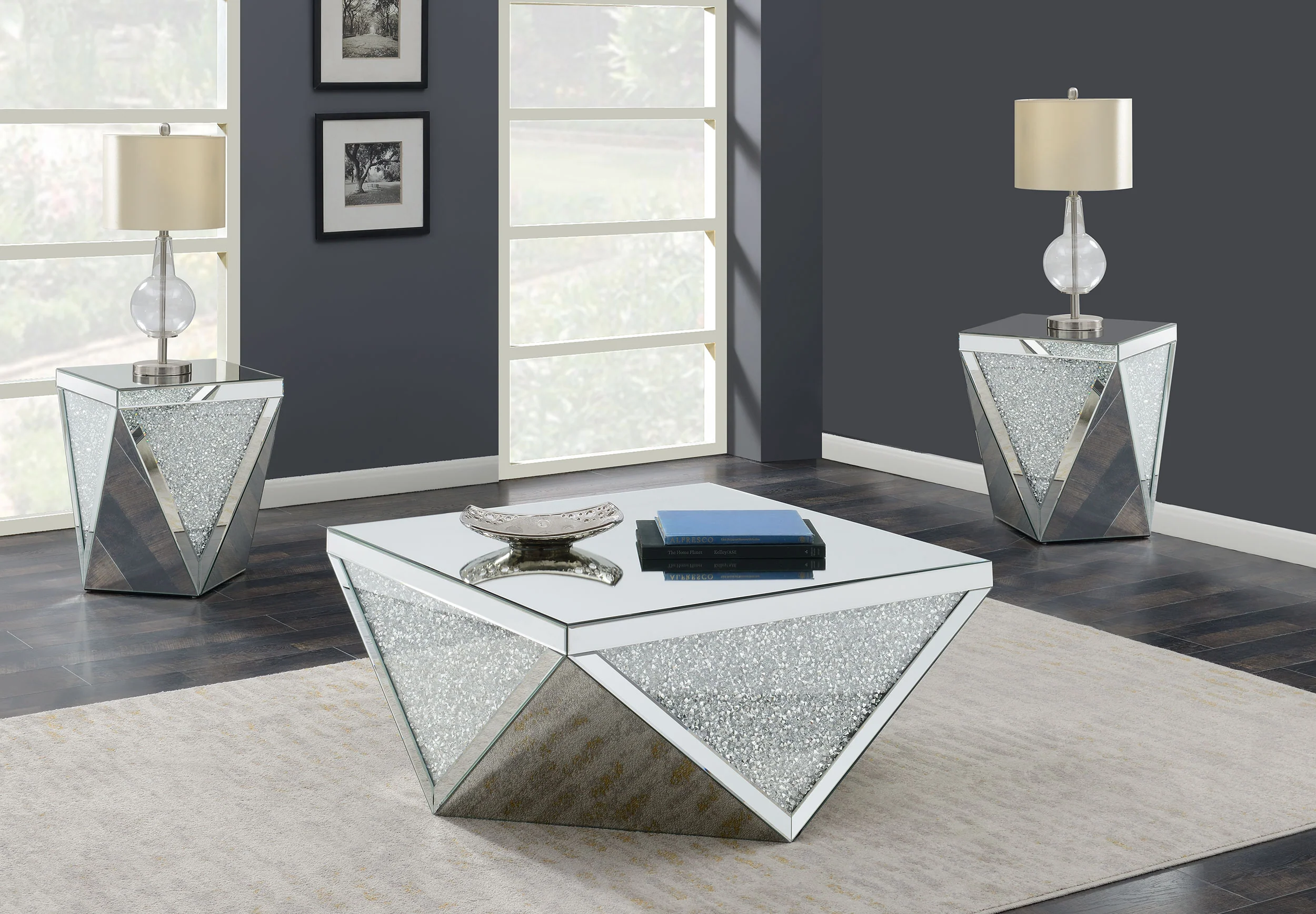 Amore Mirrored Coffee and End Table Set Silver