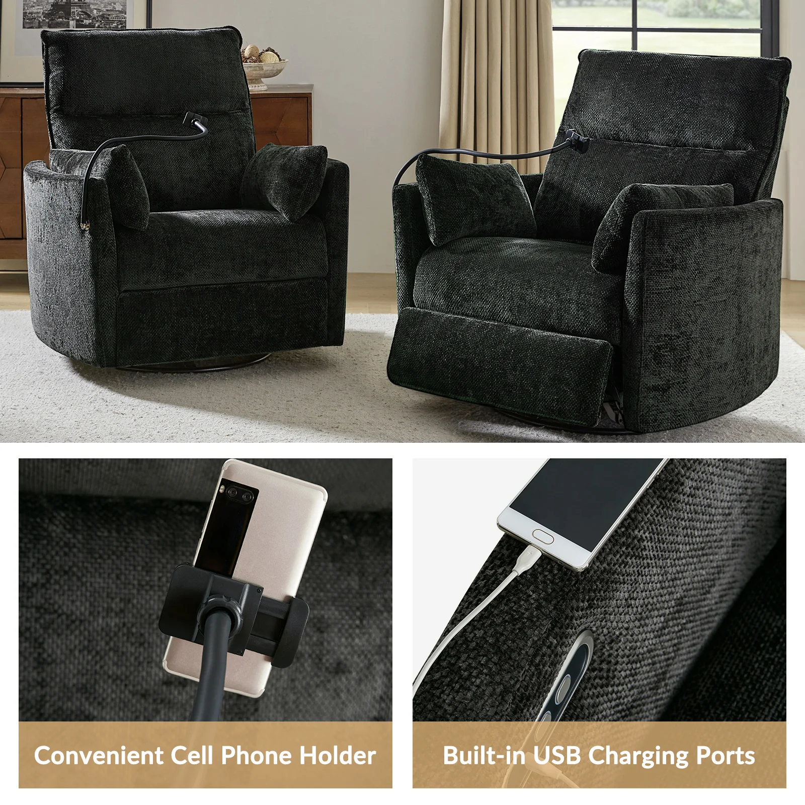 Archibald Power Rocking Swivel Nursery Recliner in Charcoal
