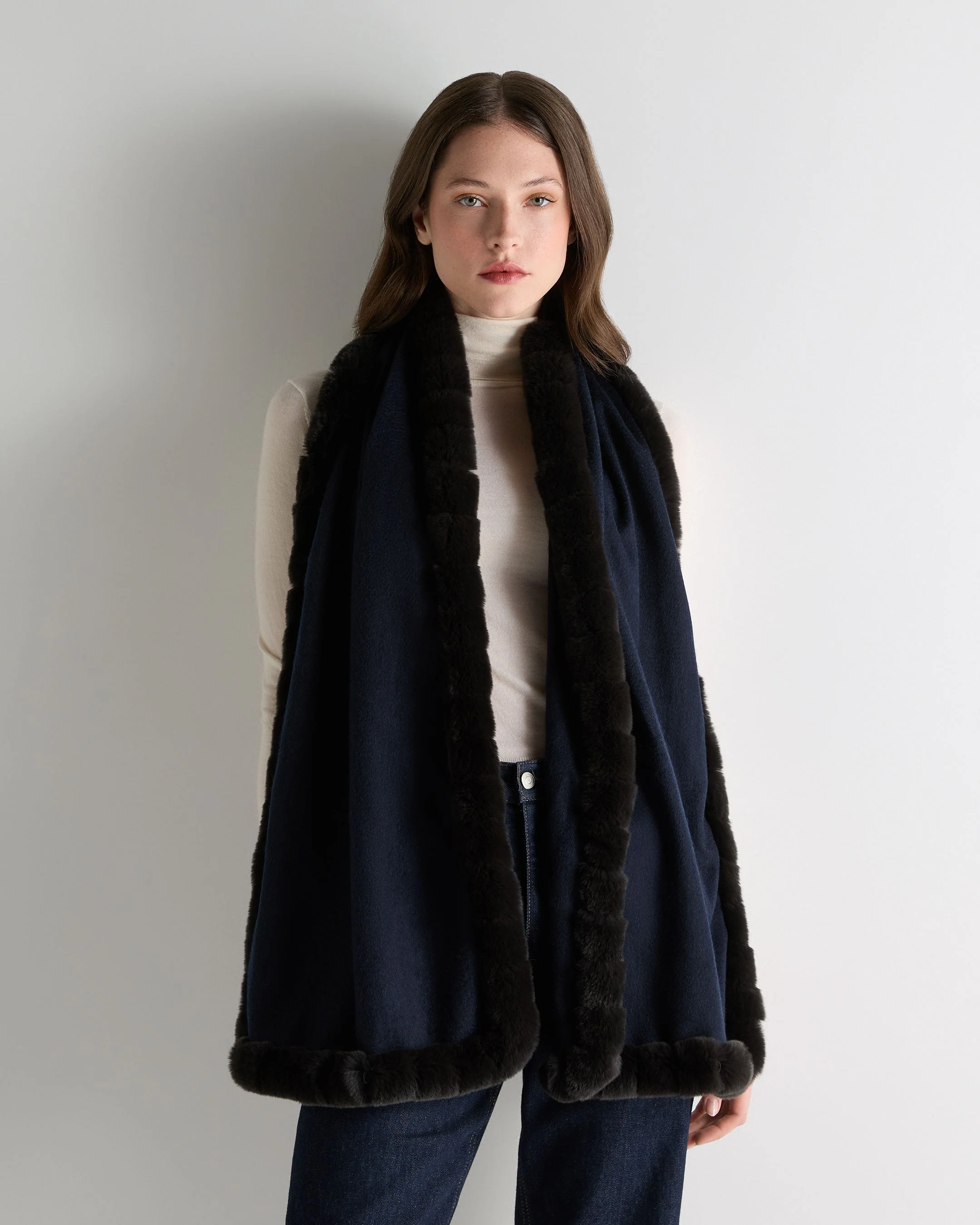 Women's Meribel Woven Fur Trim Scarf Navy Blue