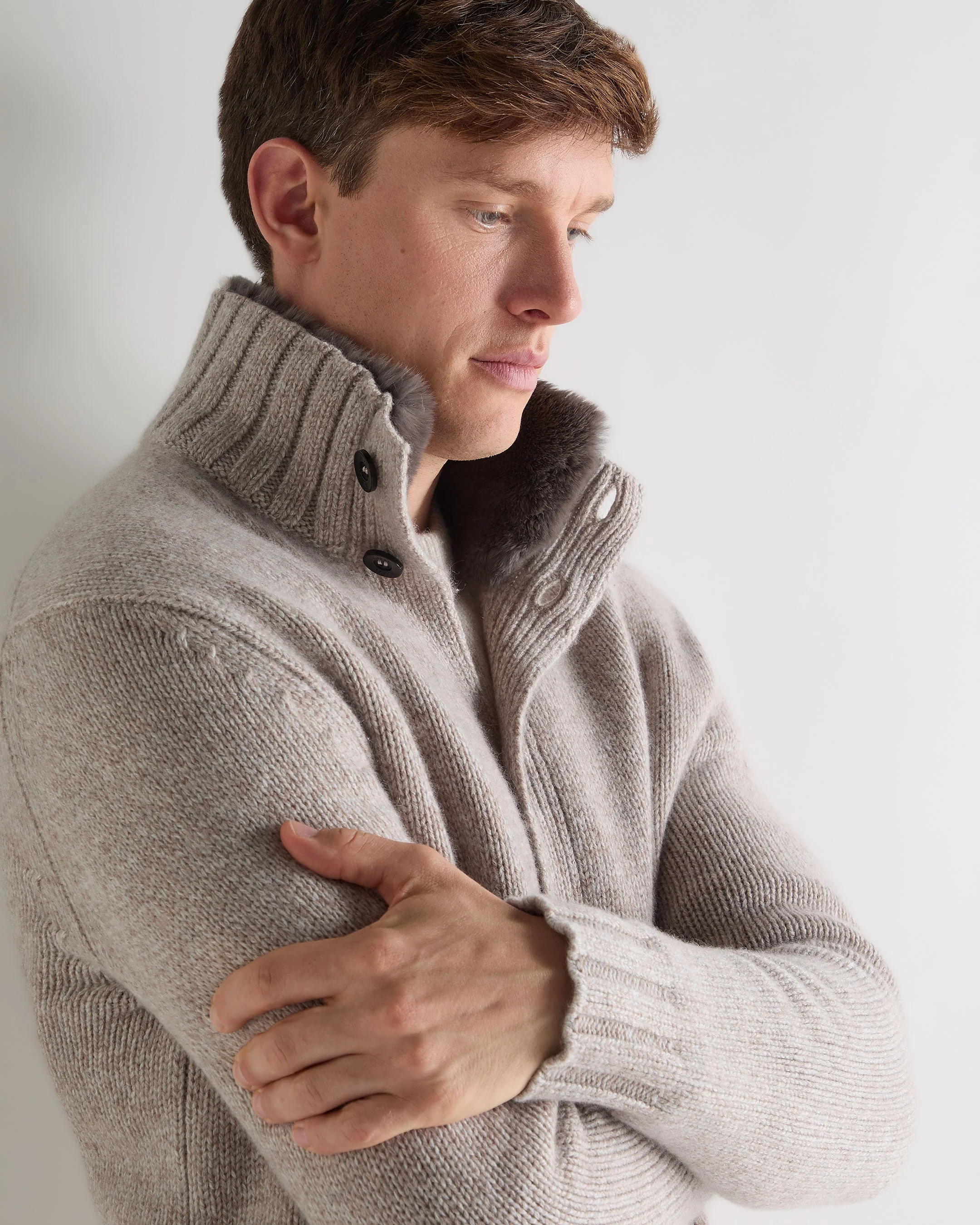 Men's Button Through Cashmere Cardigan With Fur Basilica Beige Brown