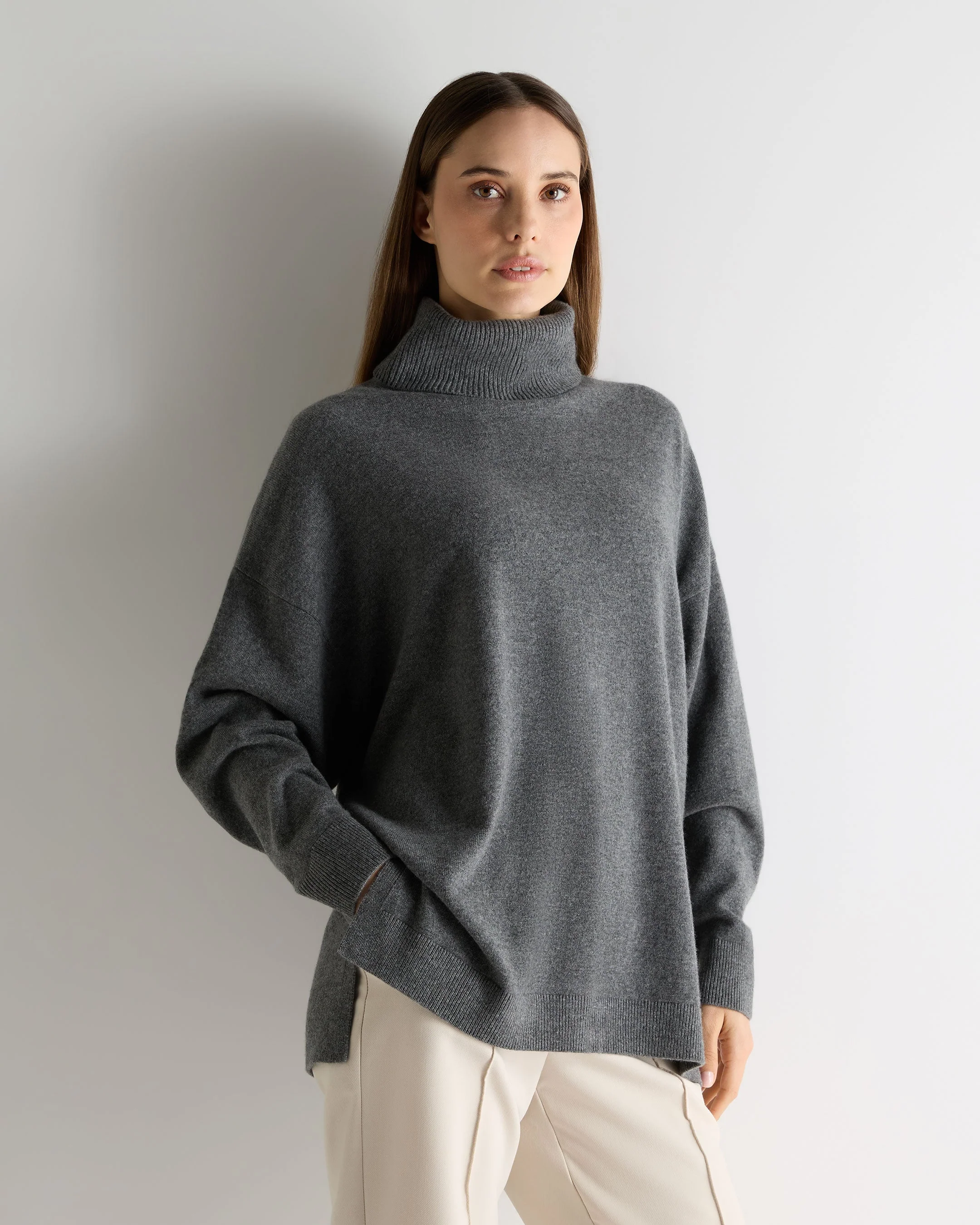 Women's Longline Turtle Neck Cashmere Sweater Elephant Grey