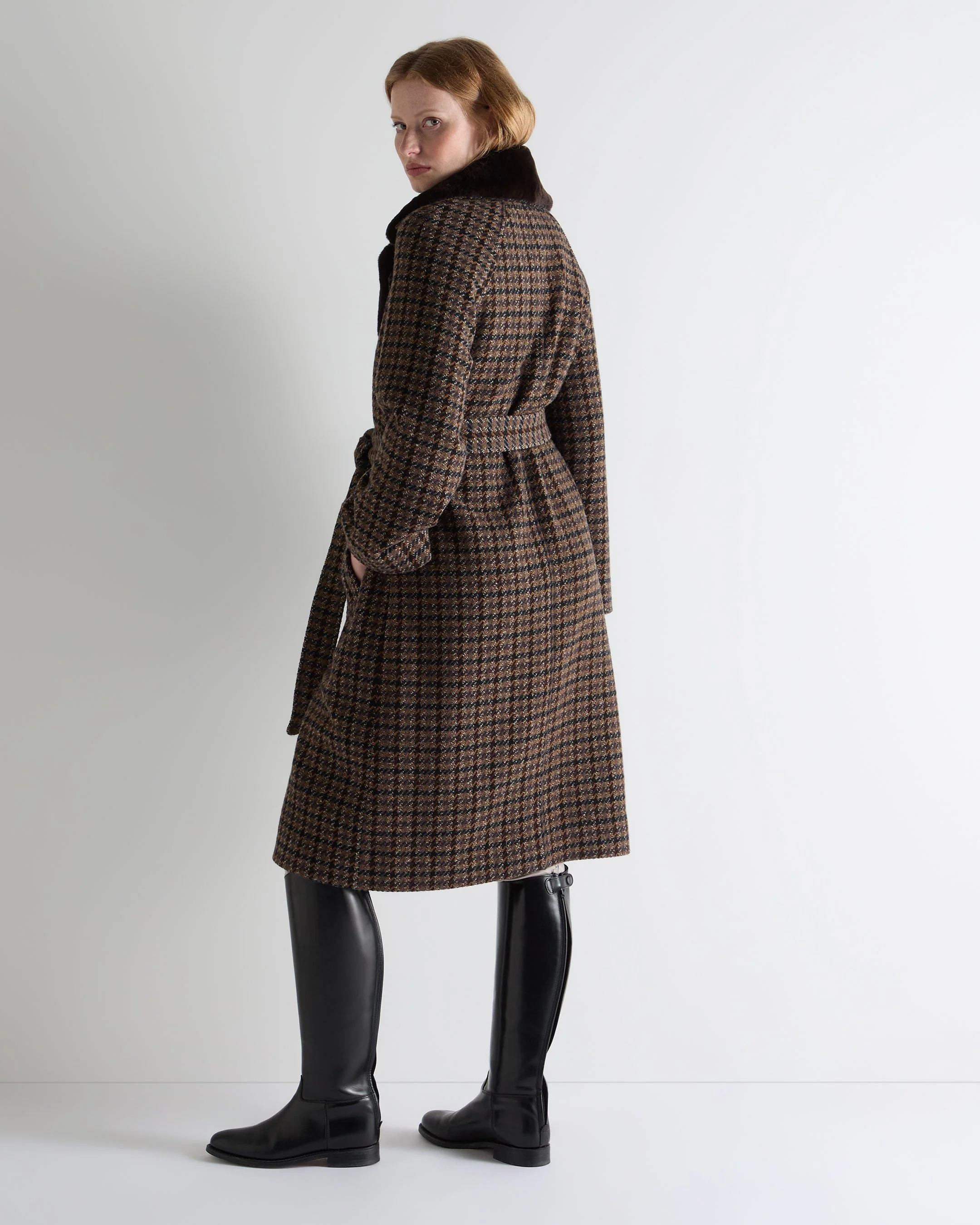 Women's Dogtooth Fur Trim Coat Brown