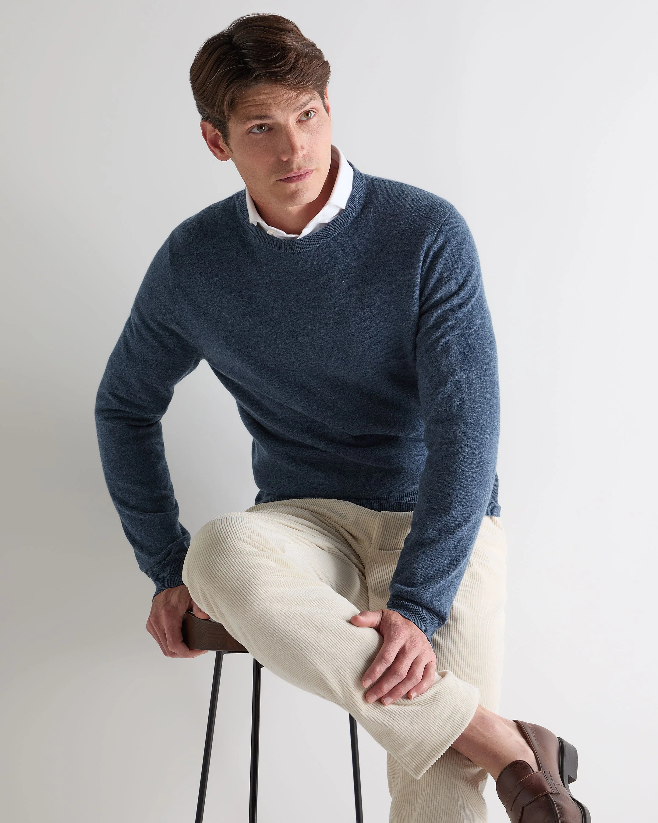 Men's Oxford Round Neck Cashmere Sweater Light Denim Blue