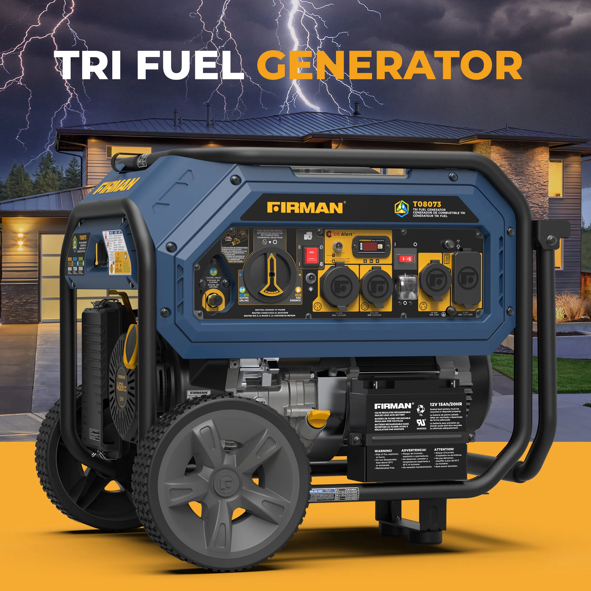 Tri Fuel  Portable Generator 10000/8000W Electric Start With CO Alert
