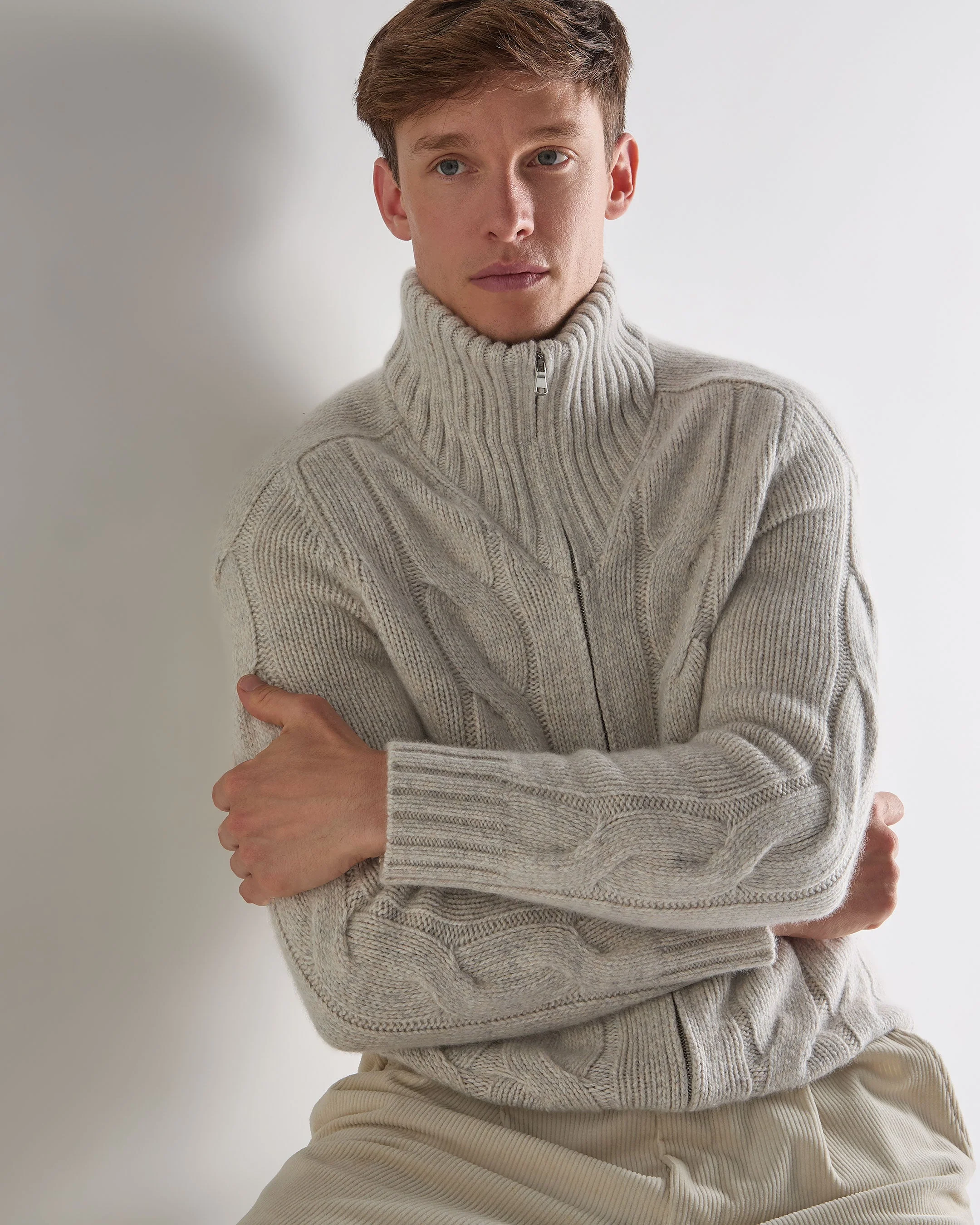 Men's Chunky Cable Full Zip Cashmere Jumper Ash Grey Marl