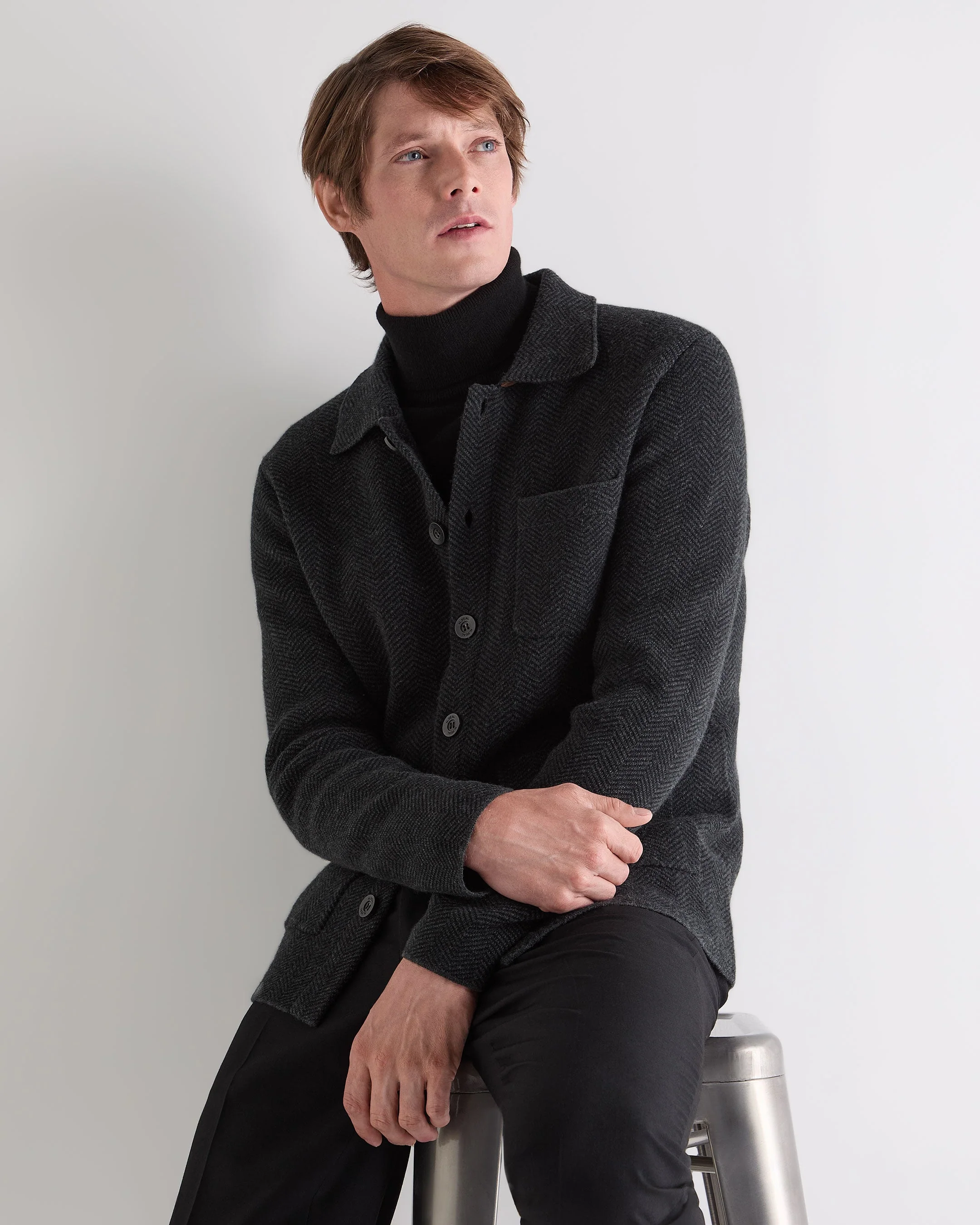 Men's Herringbone Cashmere Polo Shirt Black