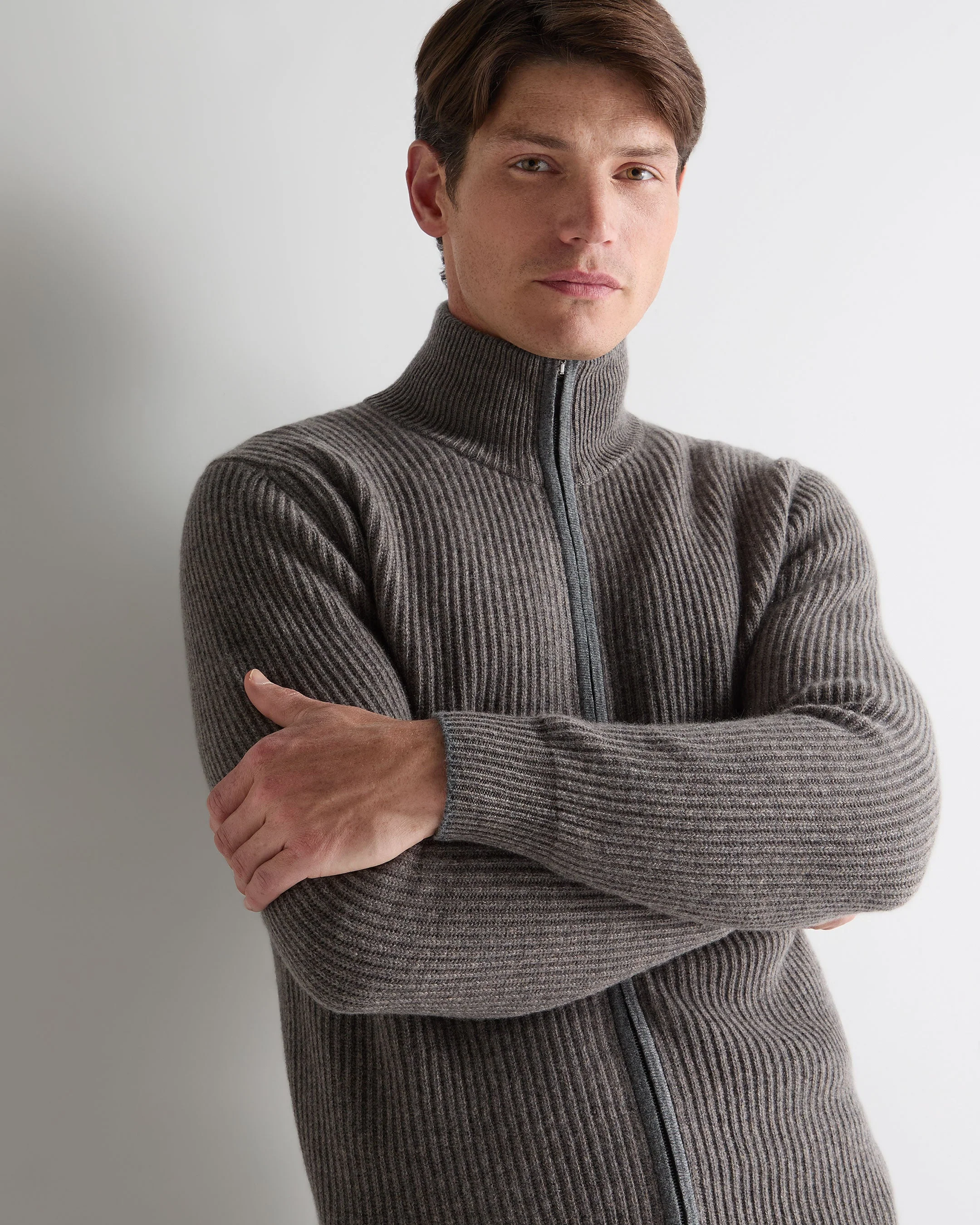 Men's Lambeth Rib Full Zip Cashmere Cardigan Wood Smoke Brown