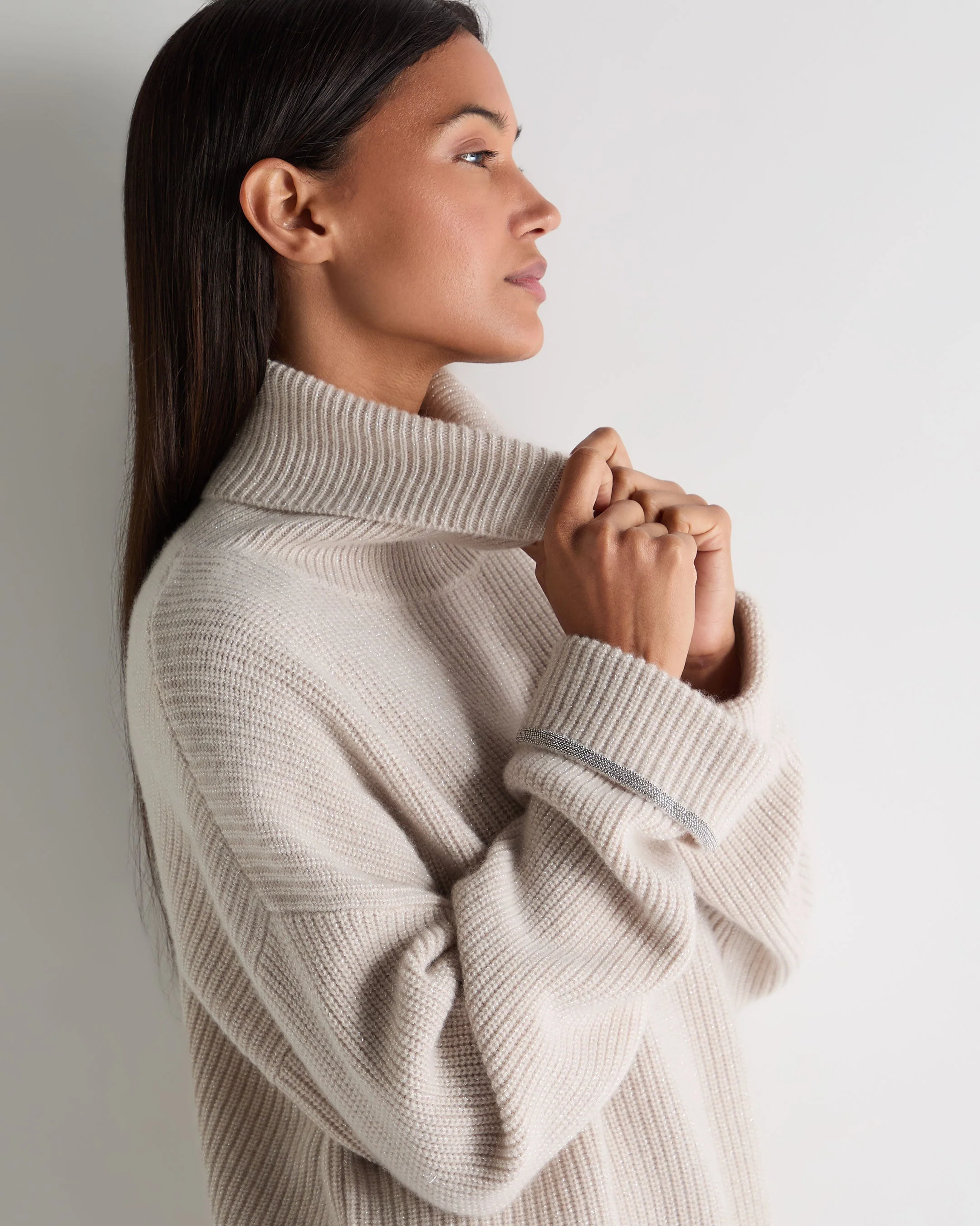 Women's Luxe Turtle Neck Cashmere Sweater Ecru White Sparkle