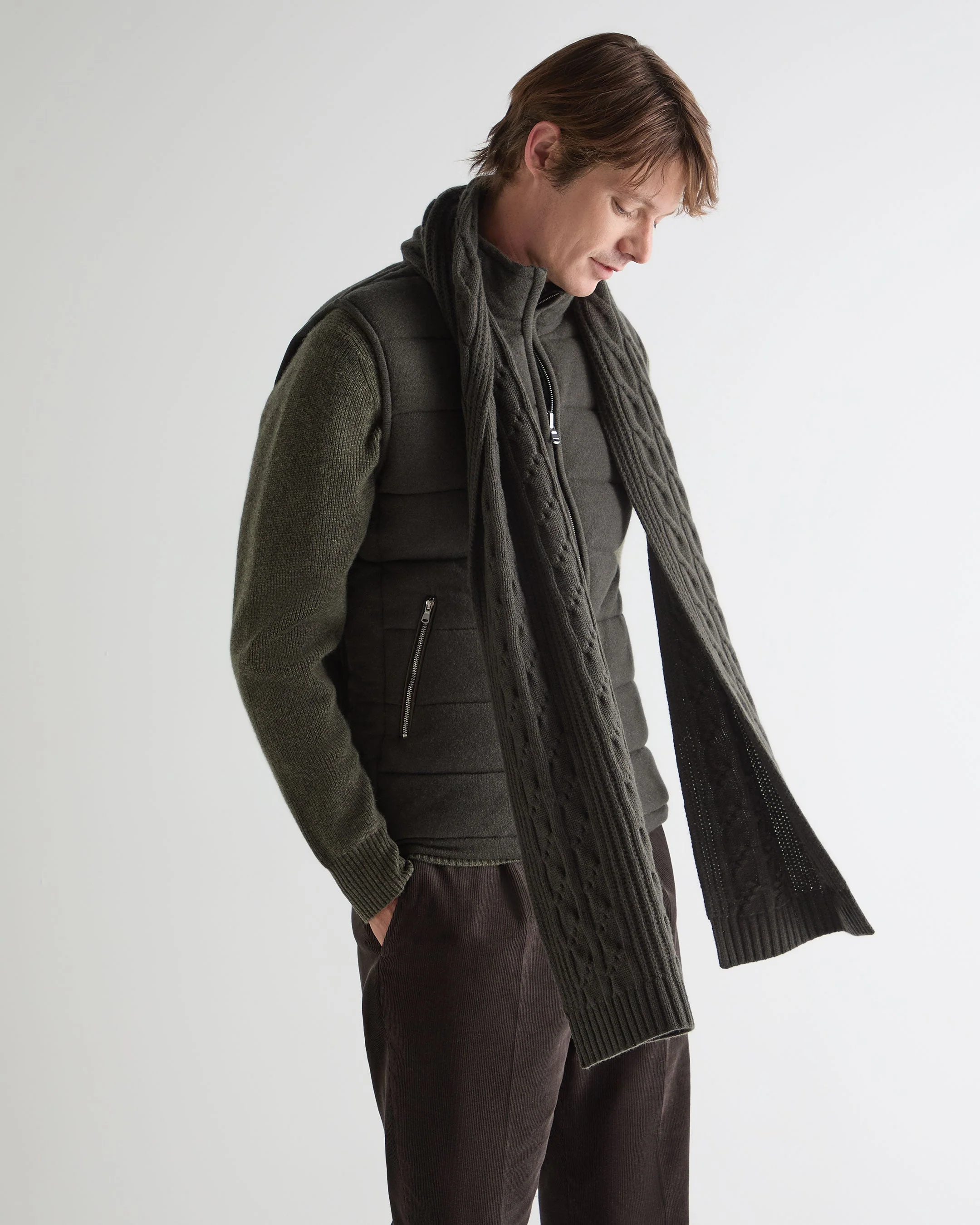 Unisex Cable Rib Cashmere Scarf Arabica Khaki Green