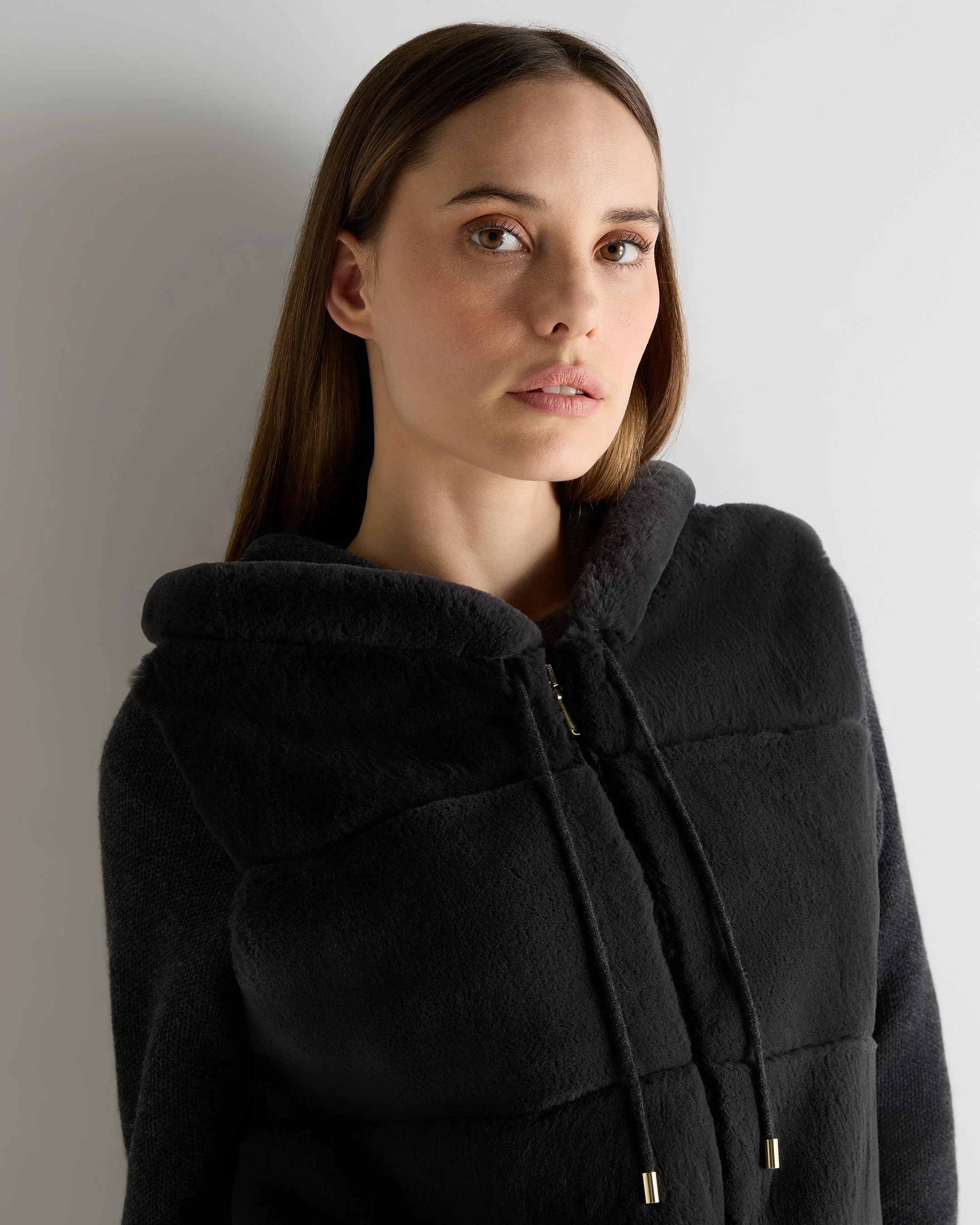 Women's Honeycomb Fur Trim Cashmere Hoodie Deep Charcoal Grey