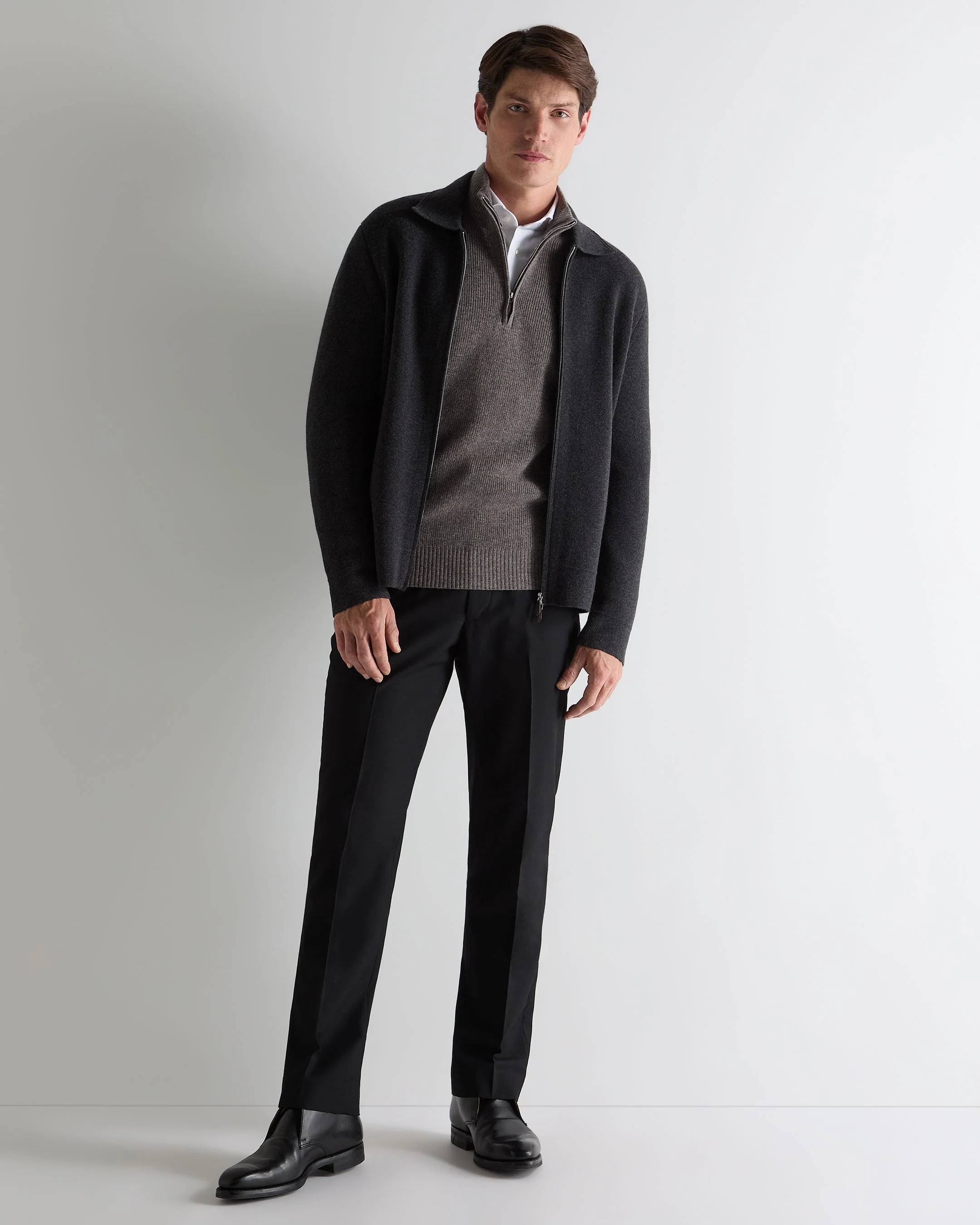 Men's Ribbed Half Zip Cashmere Jumper Wood Smoke Brown