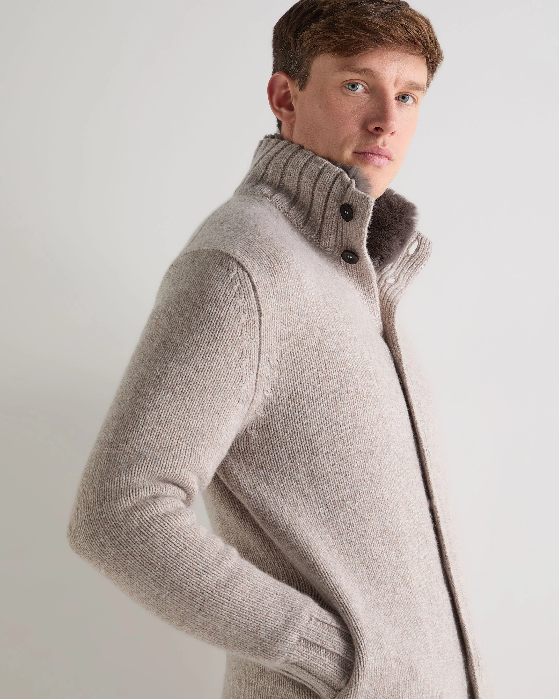 Men's Button Through Cashmere Cardigan With Fur Basilica Beige Brown