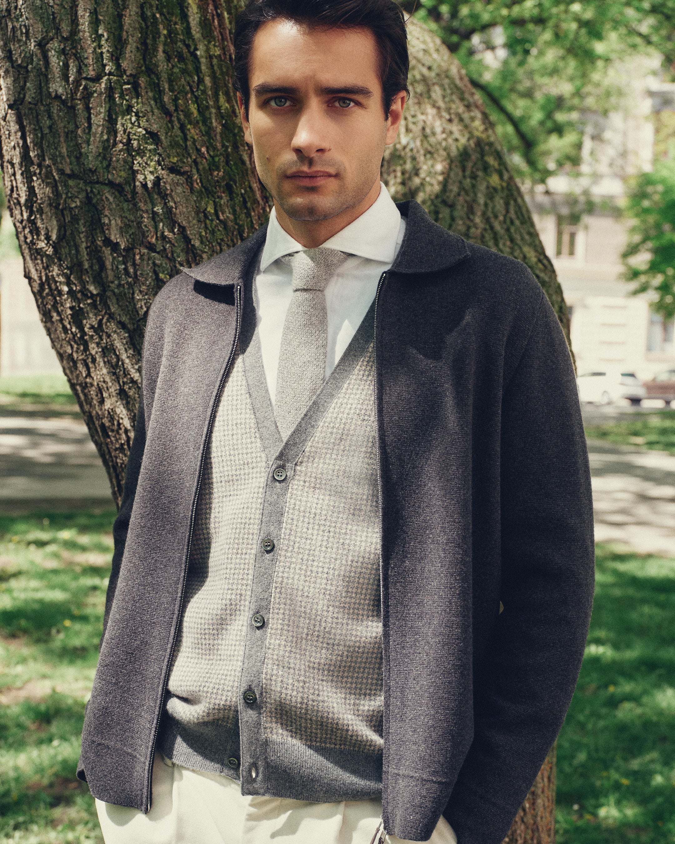 Men's Sleeveless Cashmere Tank Top Oatmeal Houndstooth Brown