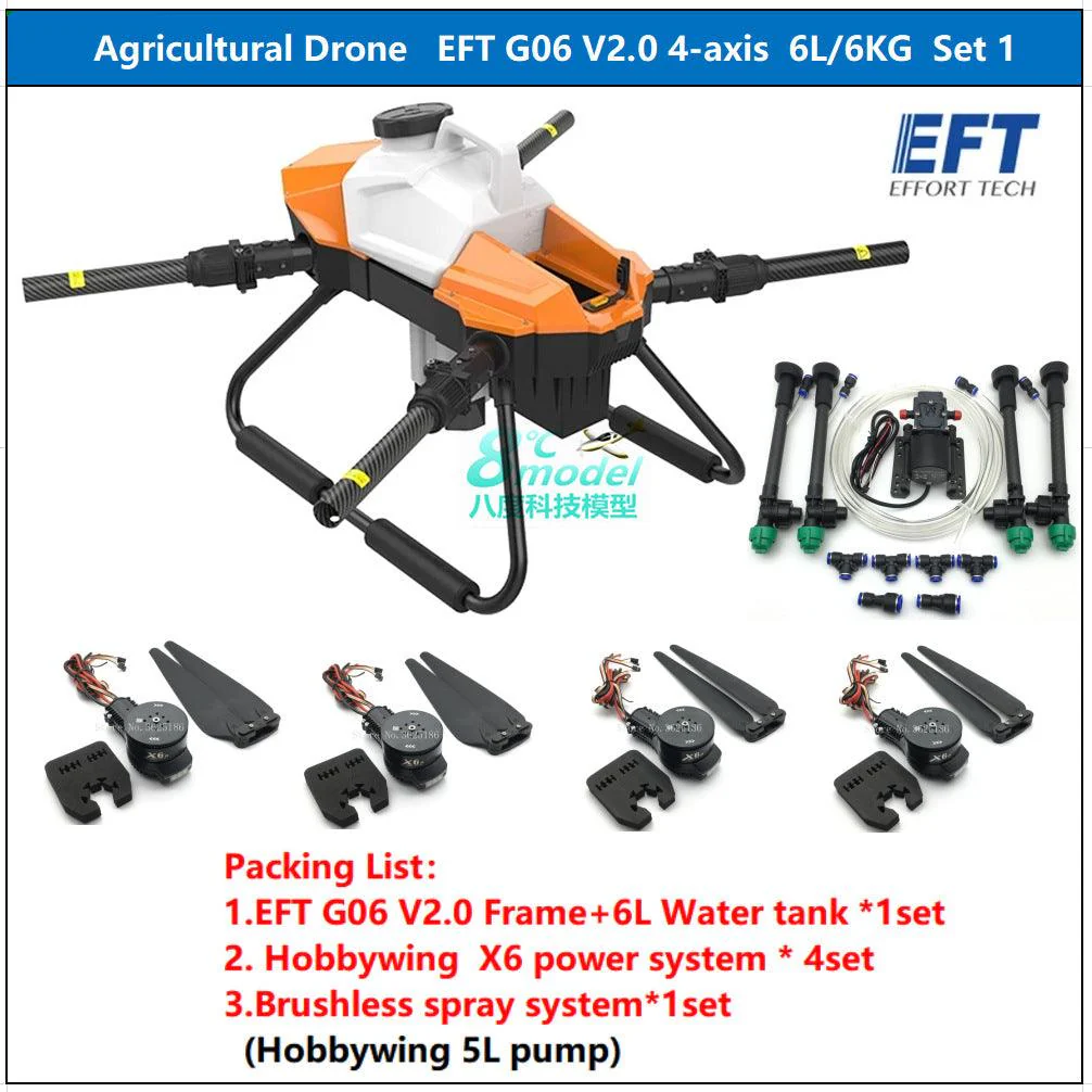 EFT G06 V2 - 4-Axis 6L Agriculture Drone For Spraying, Spreading With Hobbywing X6 Motor, JIYI K3A Pro FC, Skydroid T10, 12S Battery