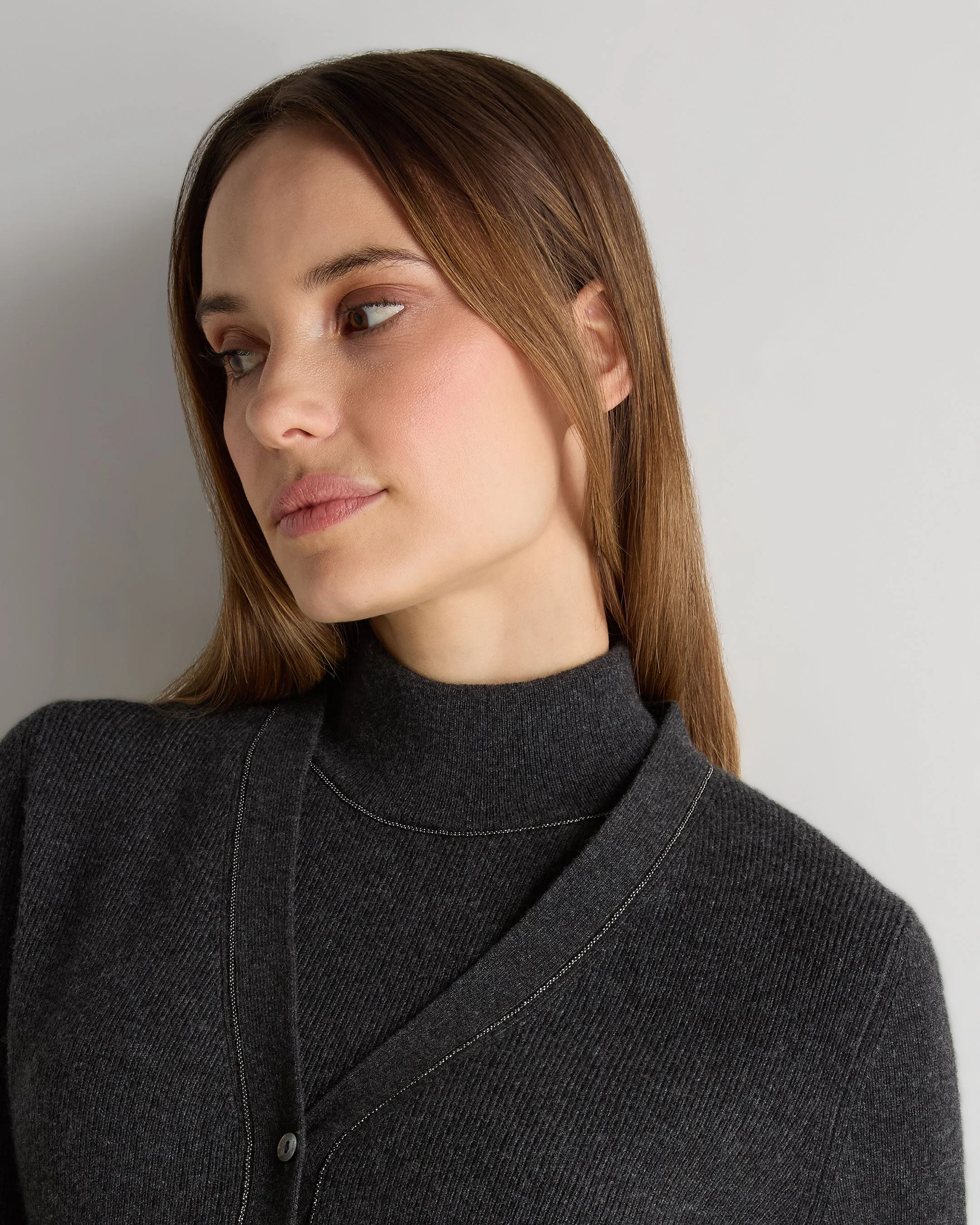 Women's Ribbed Cashmere Cardigan With Metal Trim Deep Charcoal Grey