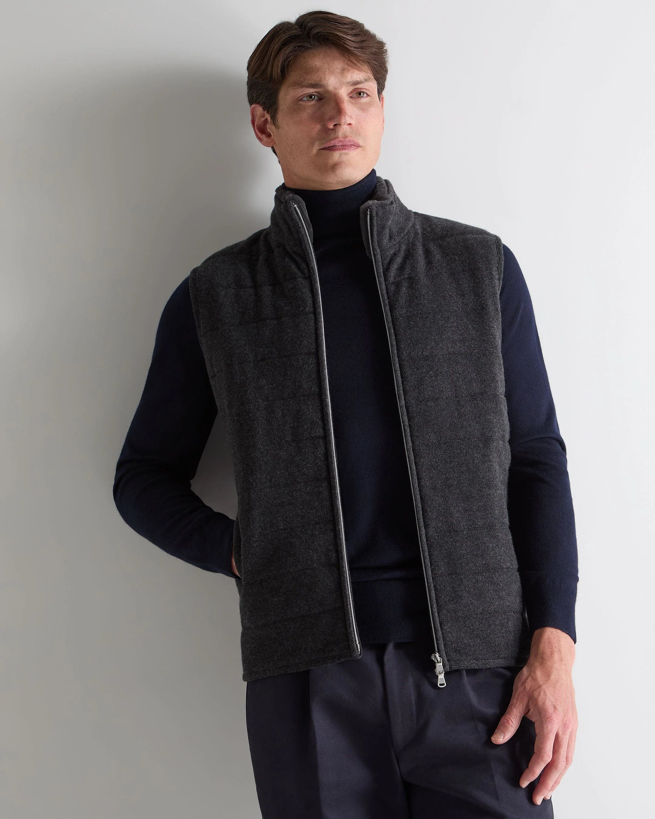 Men's Padded Fur Trim Cashmere Gilet Deep Charcoal Grey