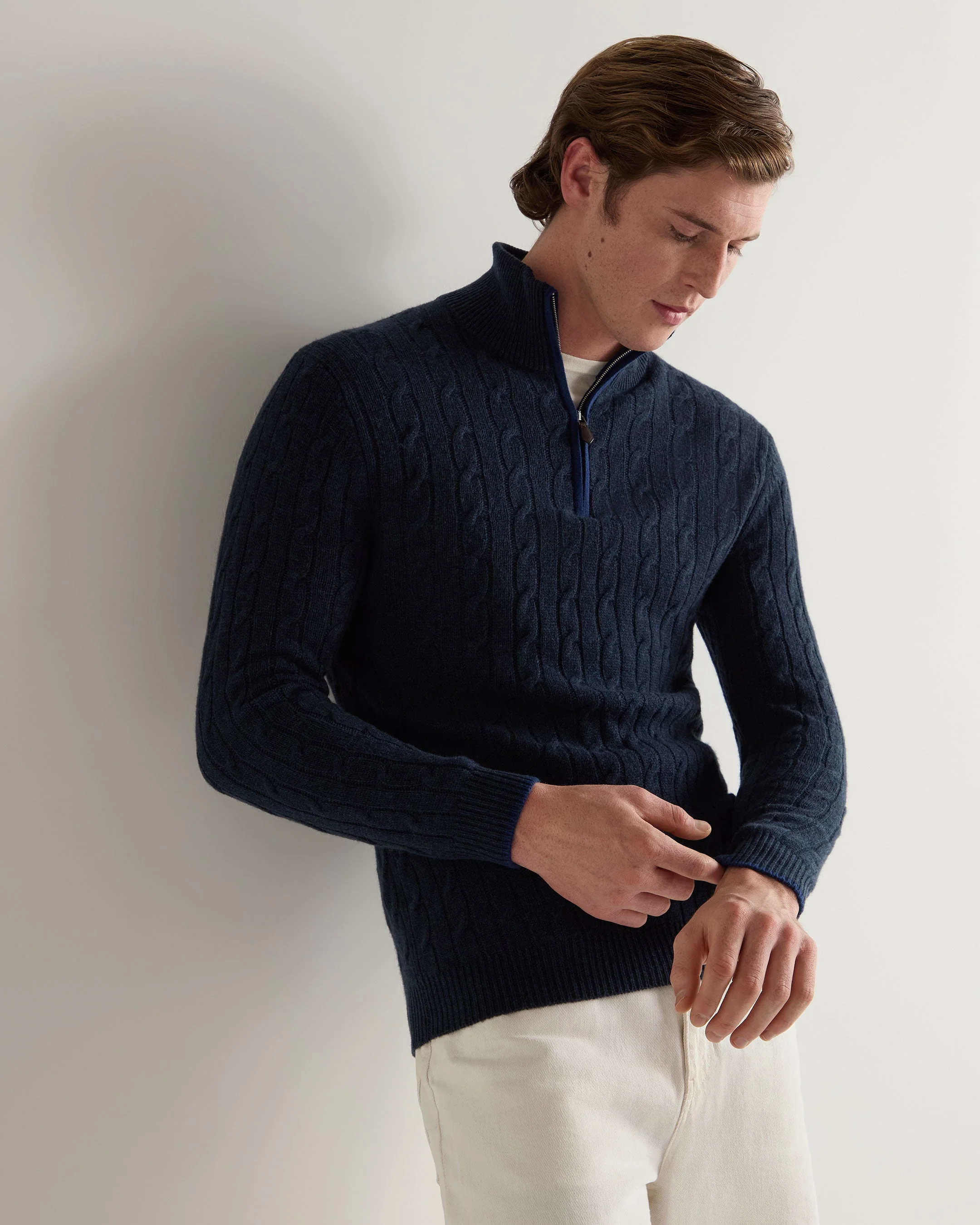 Men's Albemarle Cable Half Zip Cashmere Jumper Indigo Blue