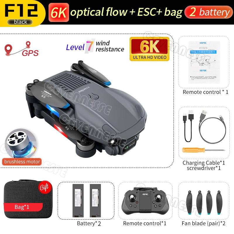 F12 GPS Drone - 4K HD professional 6K HD Dual Camera Wi-Fi FPV RC helicopter Brushless Foldable Quadcopter RC Distance 2KM Professional Camera Drone