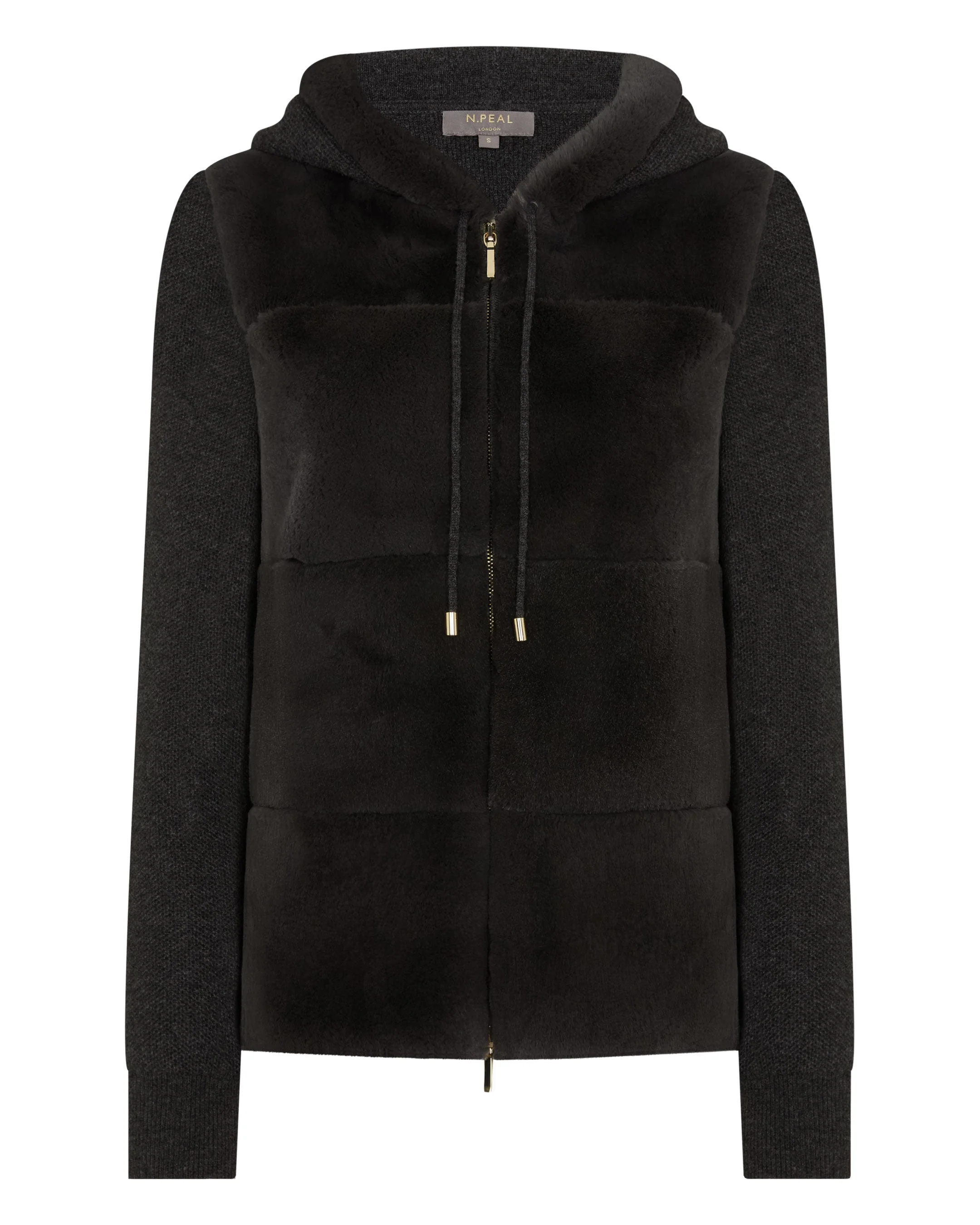 Women's Honeycomb Fur Trim Cashmere Hoodie Deep Charcoal Grey