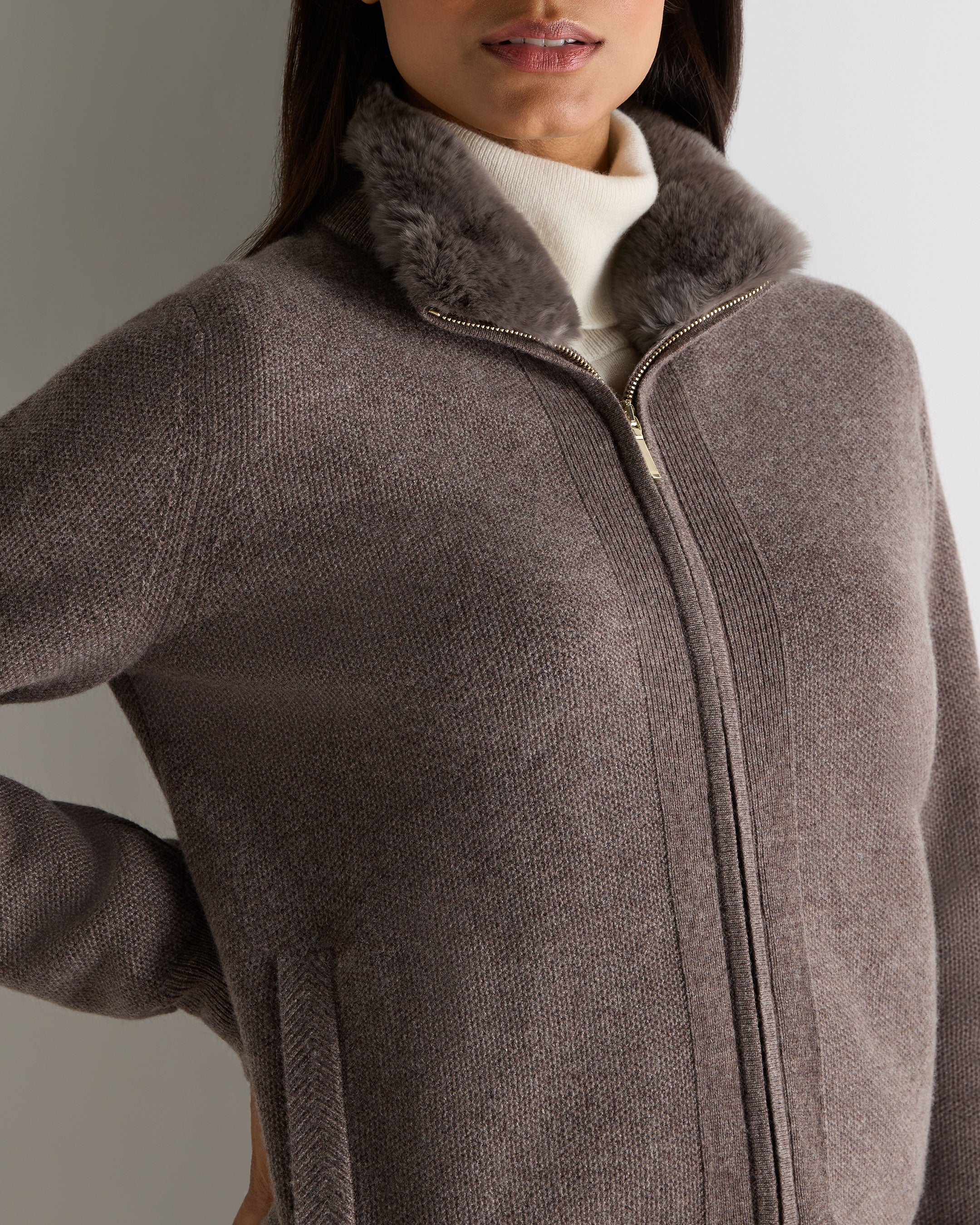 Women's Honeycomb Full Zip Cashmere Jumper With Fur Trim Otter Brown