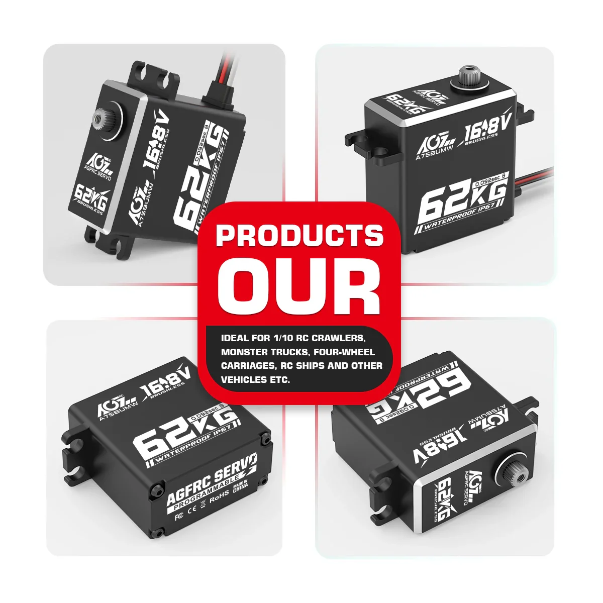 AGFRC A75BUMW -  4S 16.8V 62KG Super Torque HV Programmable Waterproof Brushless RC Servo For 1/8 1/10 RC Car Crawler Buggy Truck