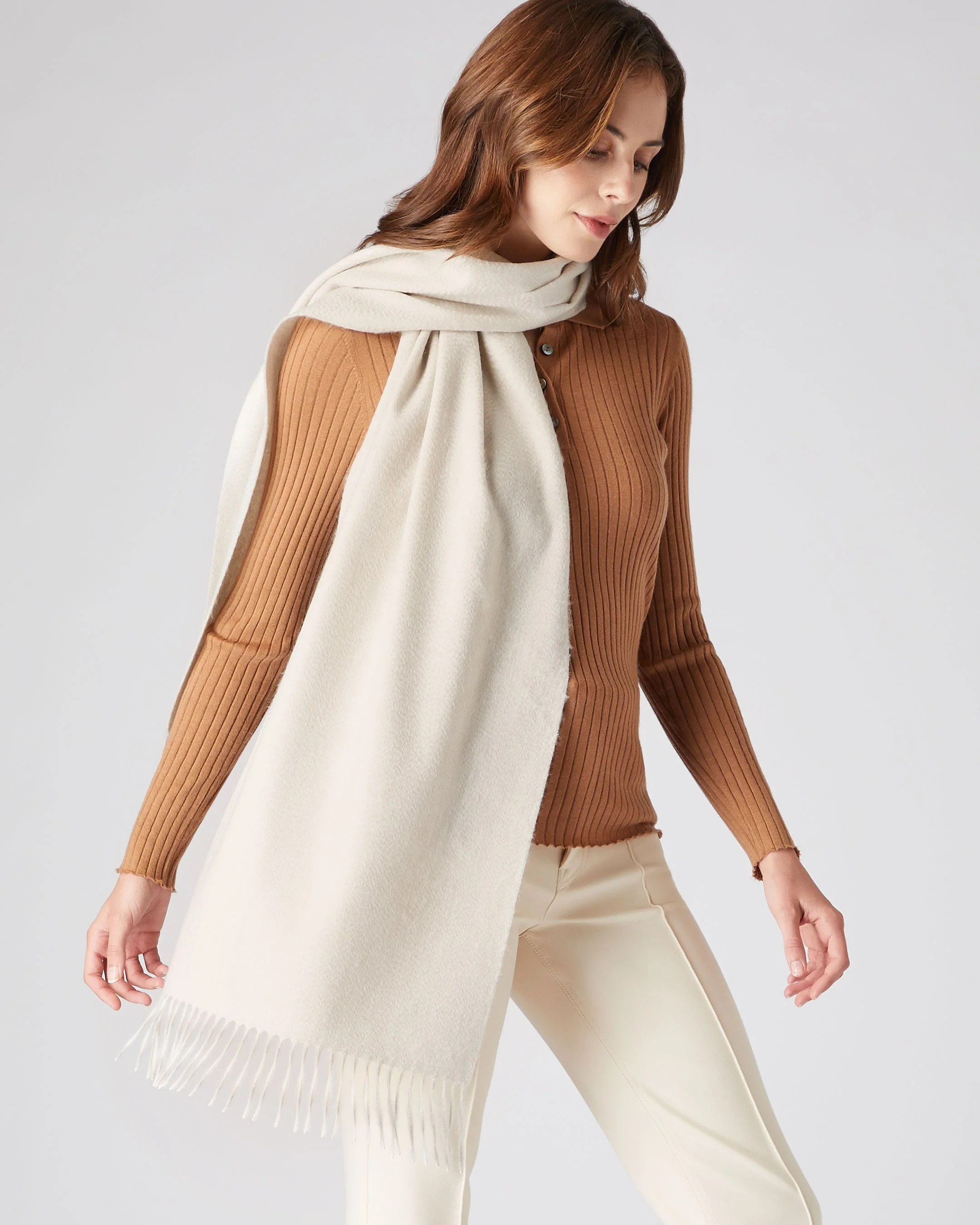 Unisex Large Woven Cashmere Scarf Ecru White