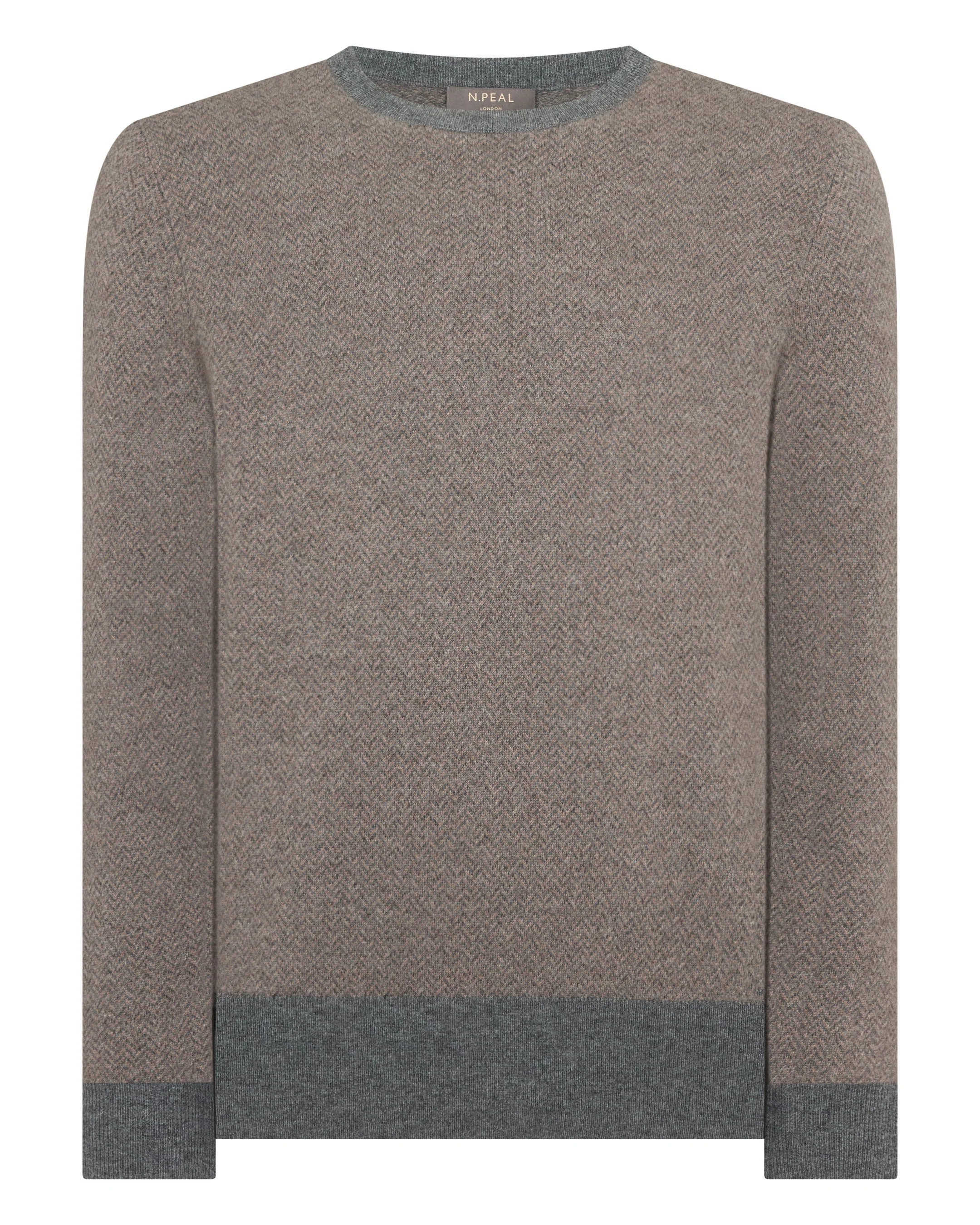 Men's Oxford Herringbone Round Neck Cashmere Sweater Smoky Herringbone Grey