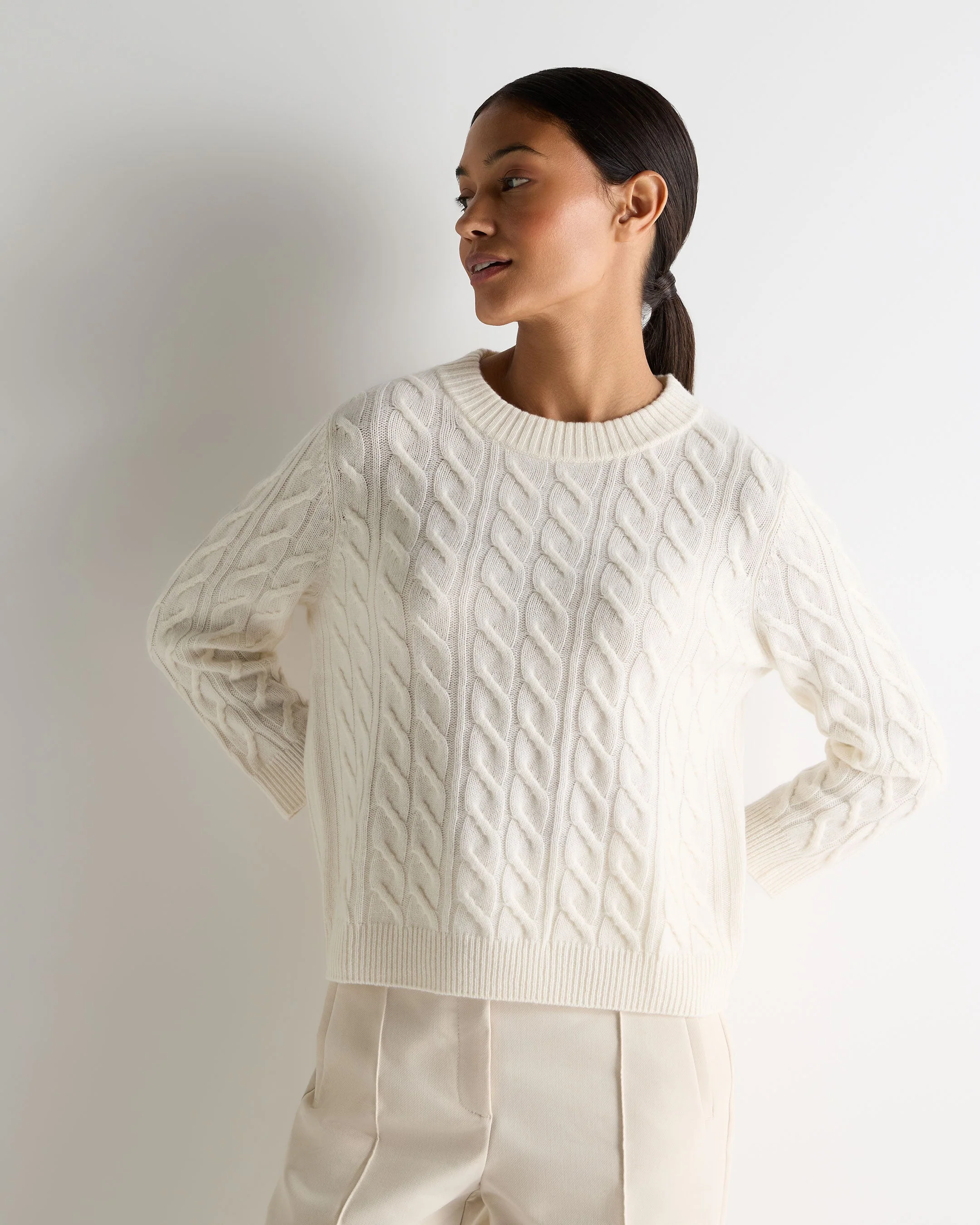 Women's Emilia Cable Round Neck Cashmere Sweater New Ivory White
