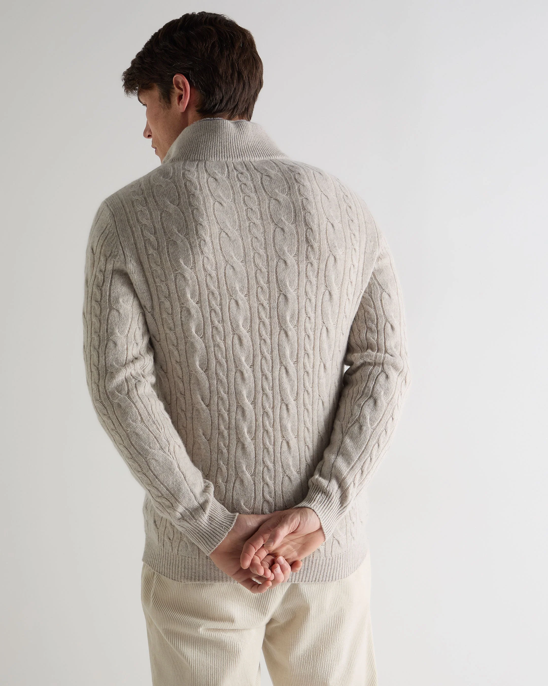 Men's Fur Trim Half Zip Cashmere Jumper Nougat Brown Marl