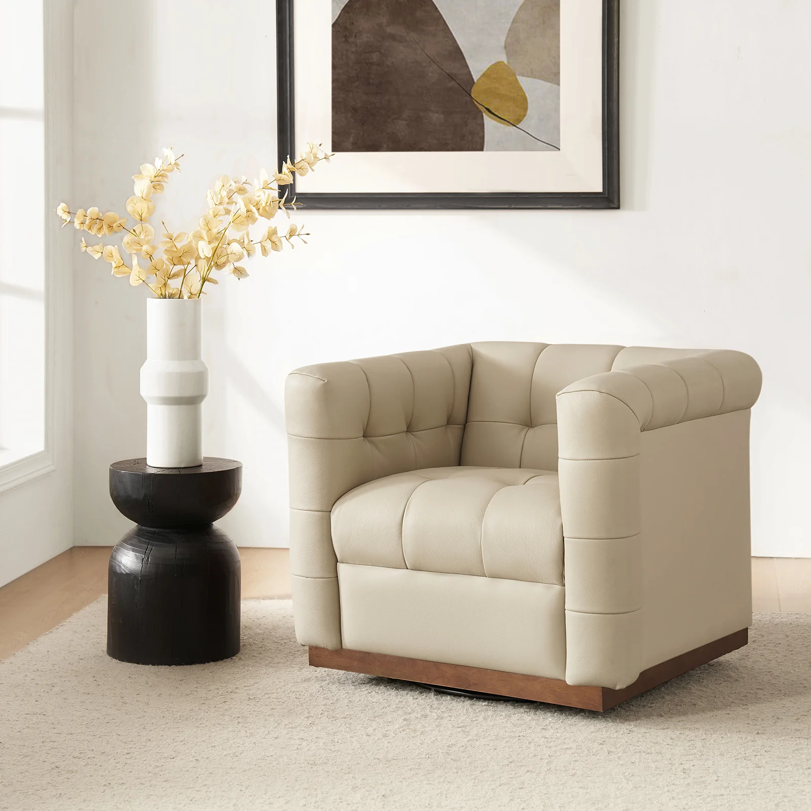 Arnold Genuine Leather Swivel Club Chair in Beige