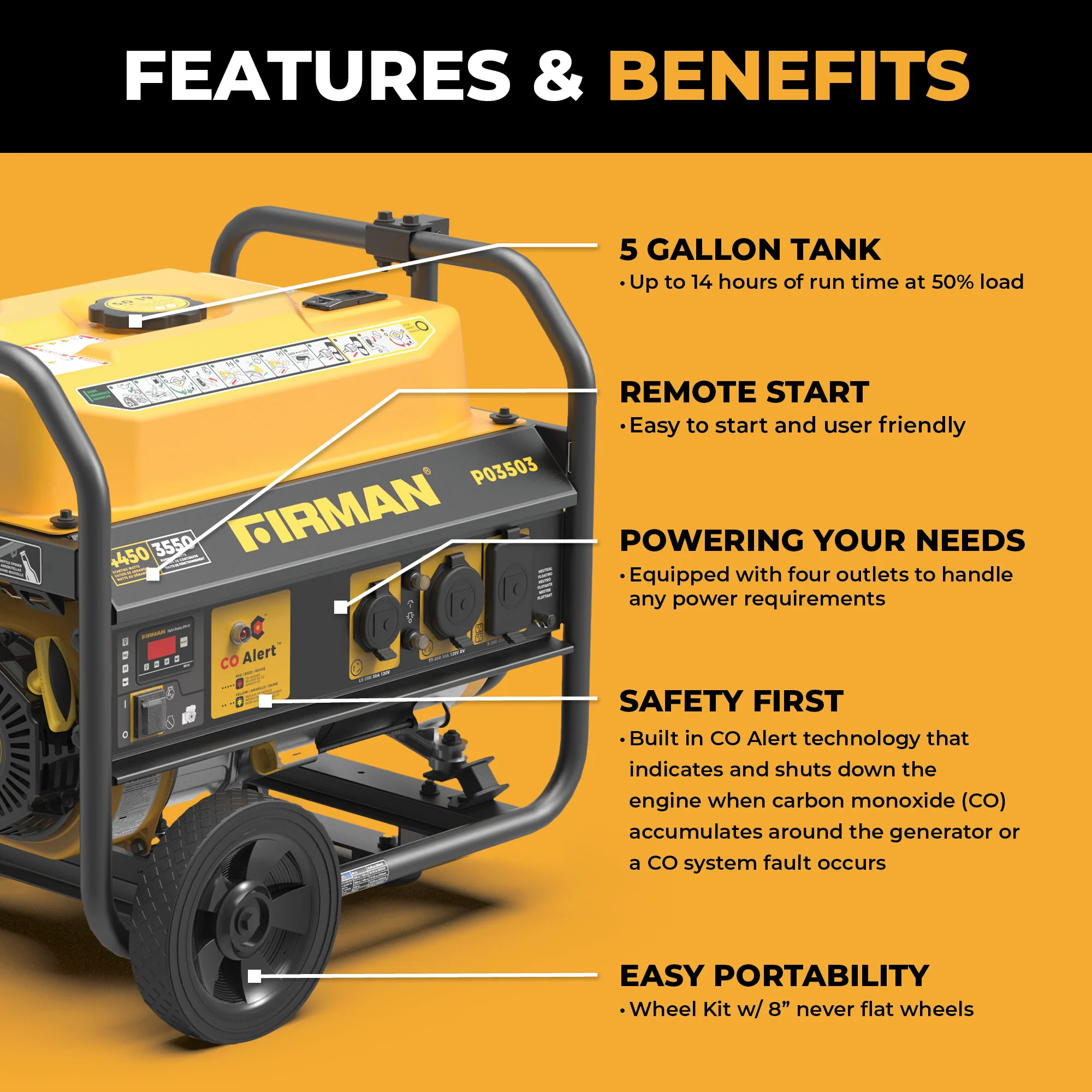 Gas Portable Generator 4450W Recoil Start 120V with CO alert