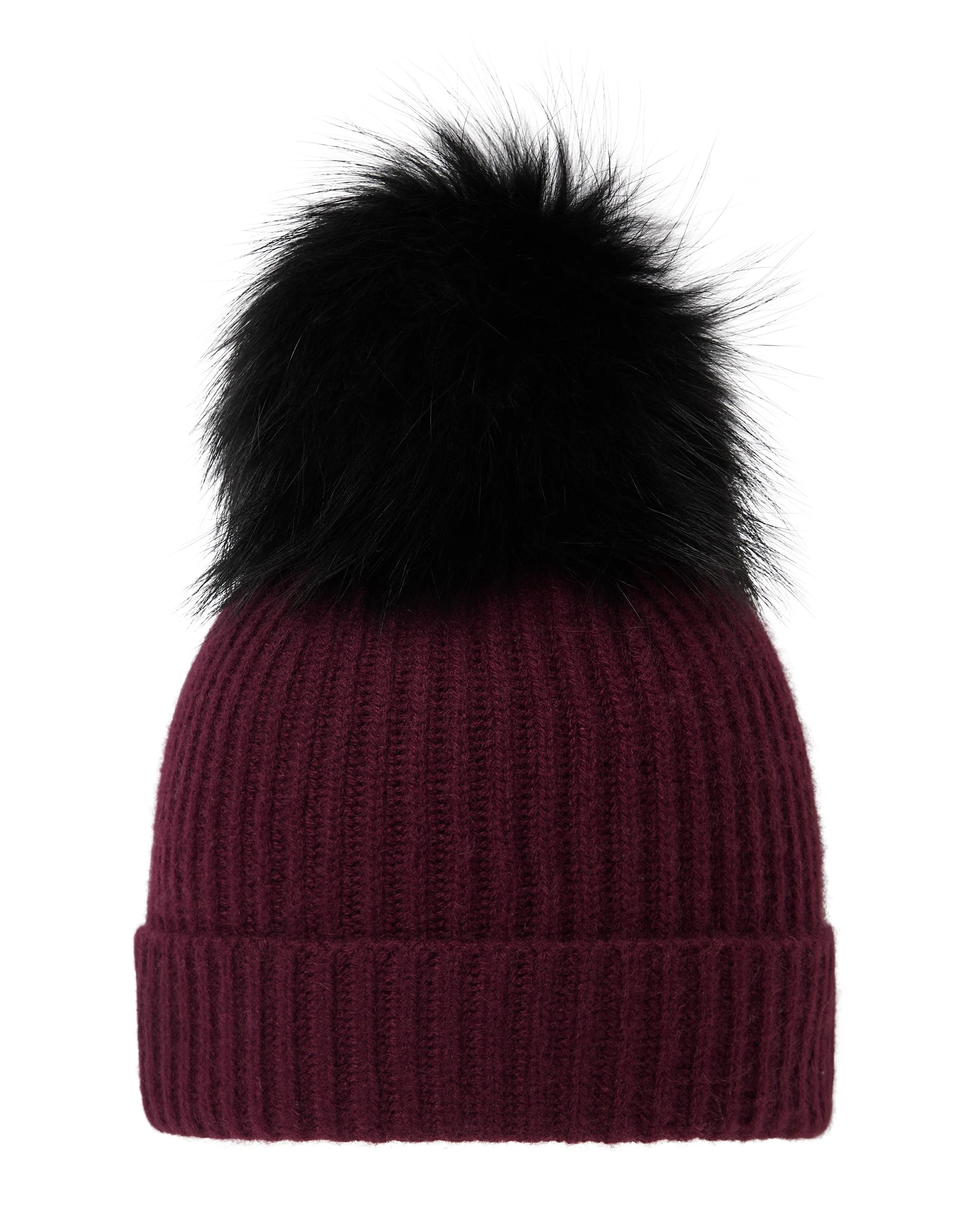 Unisex Ribbed Cashmere Hat With Detachable Pom Bordeaux Red