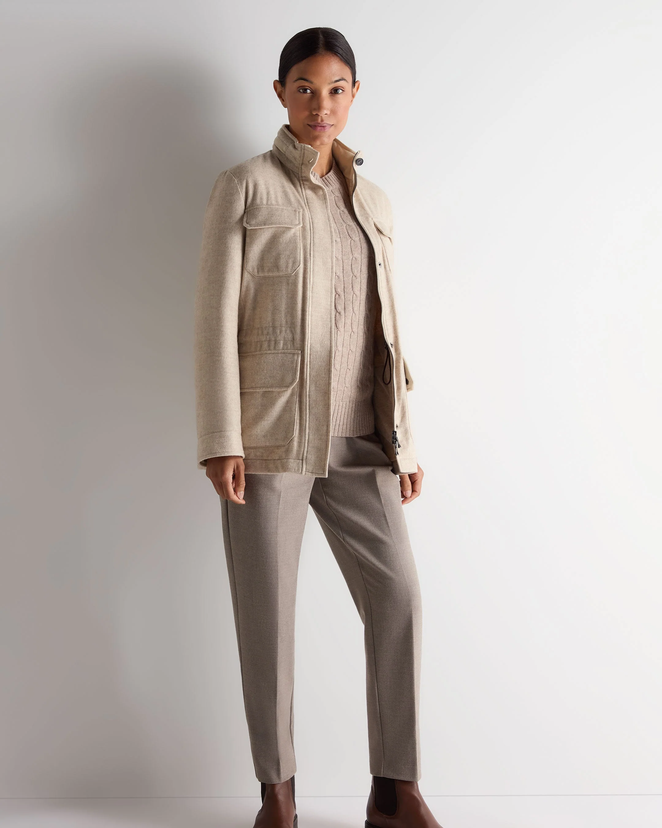 Women's Adelyn Cable Round Neck Cashmere Sweater Oatmeal Brown